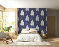 Stylish Indigo Grove wallcovering, detailed ornate white foliage repeating motif.
