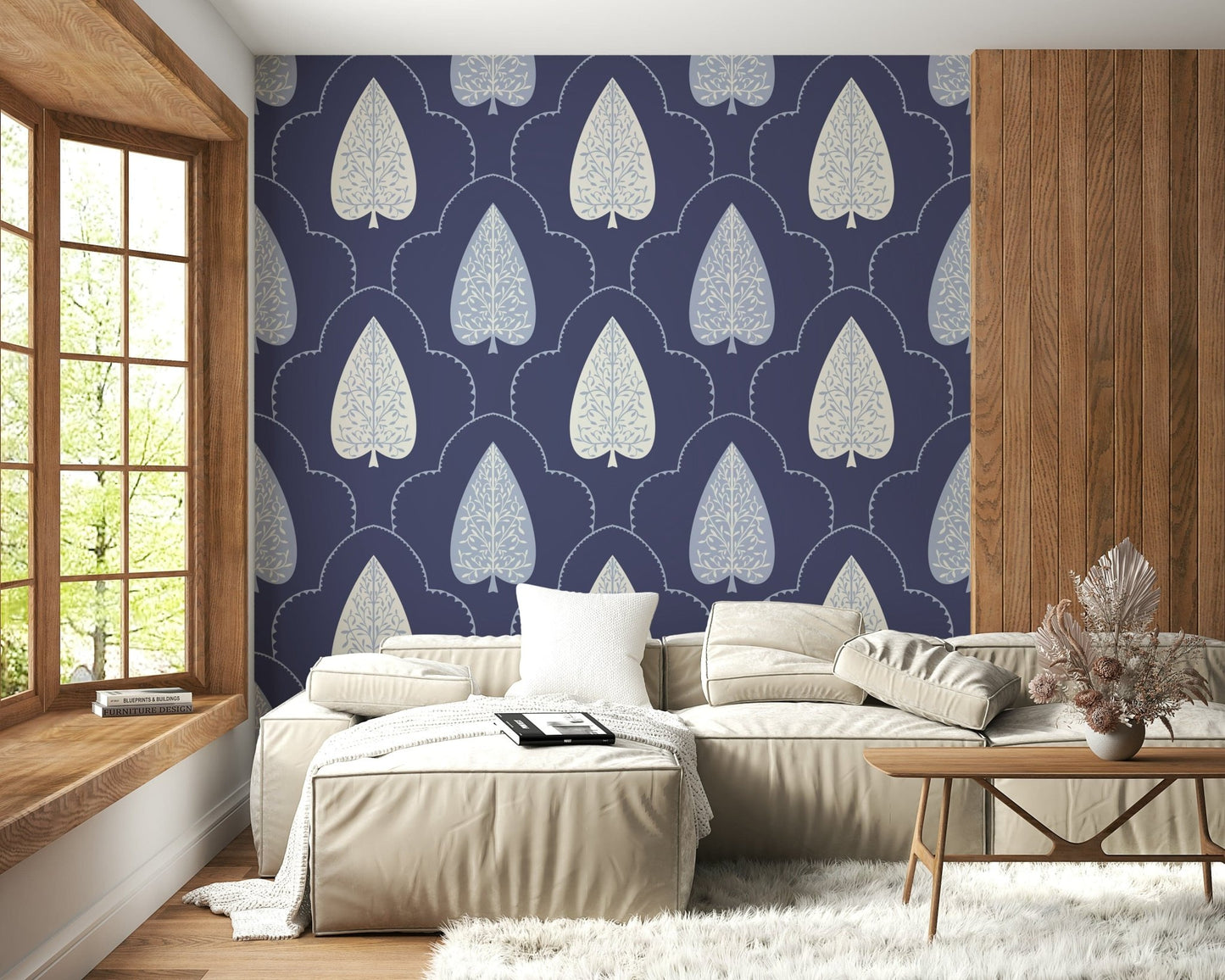 Indigo Grove wallpaper featuring elegant botanical spade pattern on deep blue.