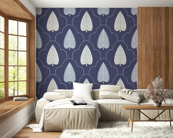 Indigo Grove wallpaper featuring elegant botanical spade pattern on deep blue., GD6860