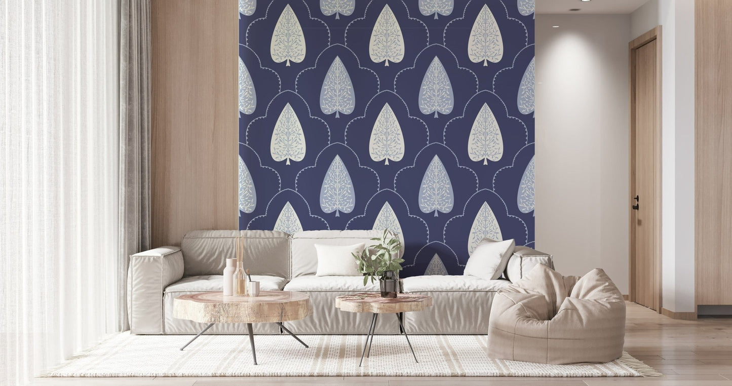 Rich Indigo Grove mural, soothing color palette for bedroom or living space.