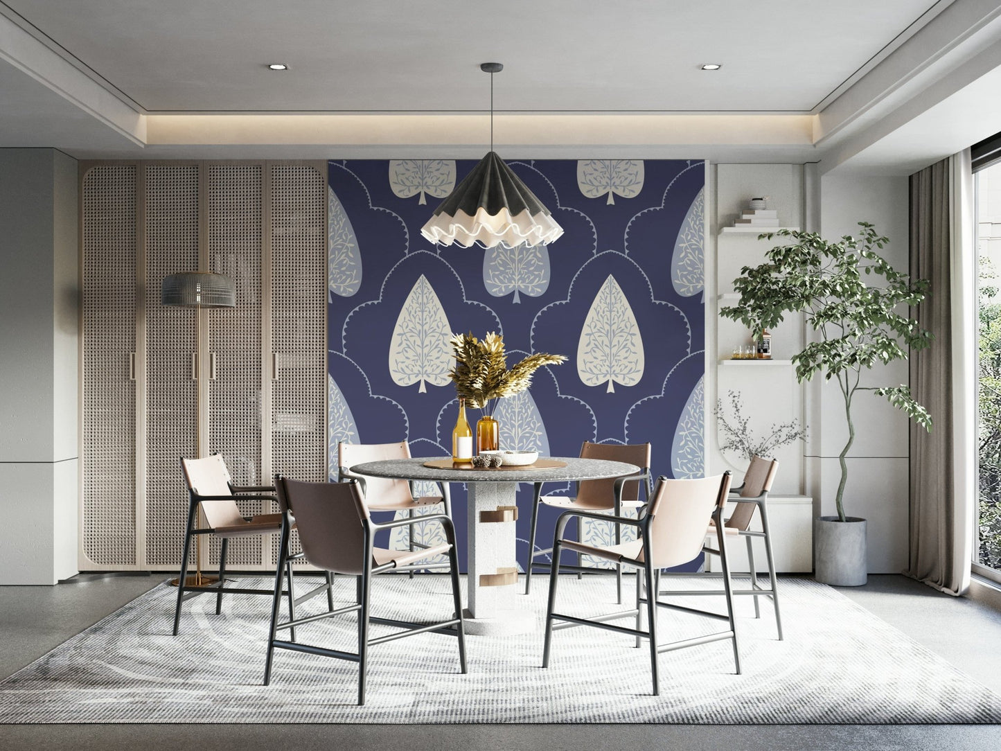 Botanical Echoes mural, peaceful filigree leaf design in cream and indigo hues.