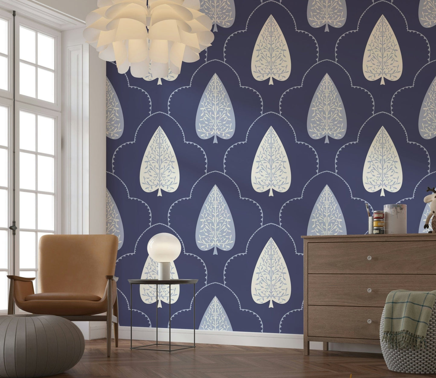 Elegant Spade botanical wallpaper, serene curved leaf print, navy accent color.