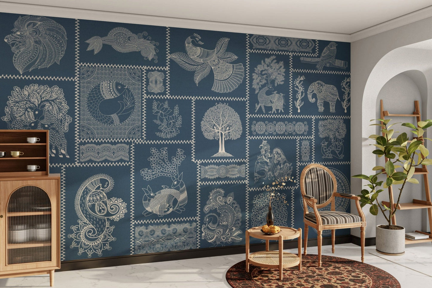 Cultural art in rich blue wallpaper

