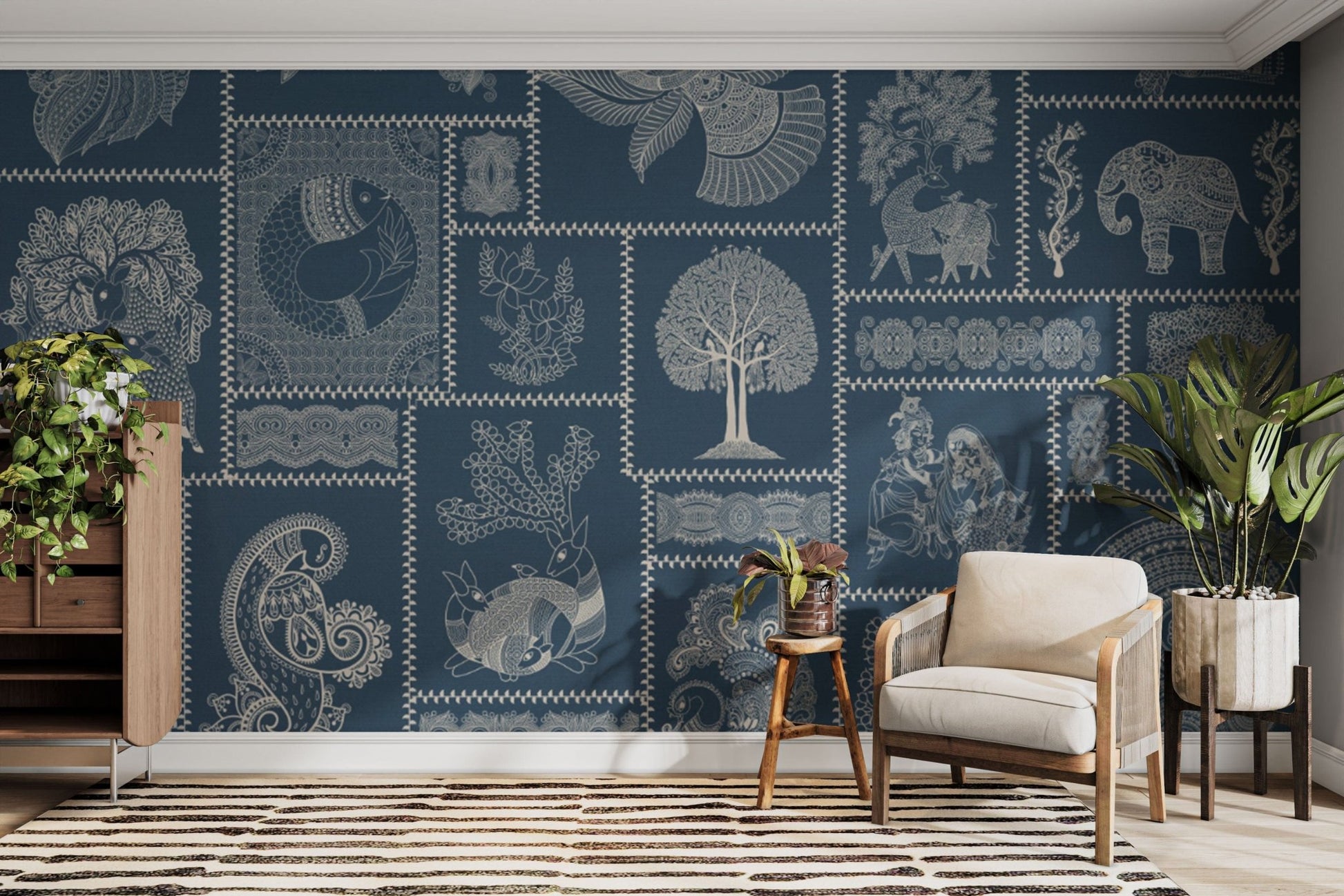 Indigo-toned wallpaper with Indian art

