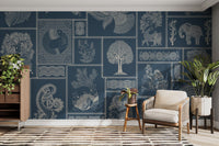 Indigo-toned wallpaper with Indian art

