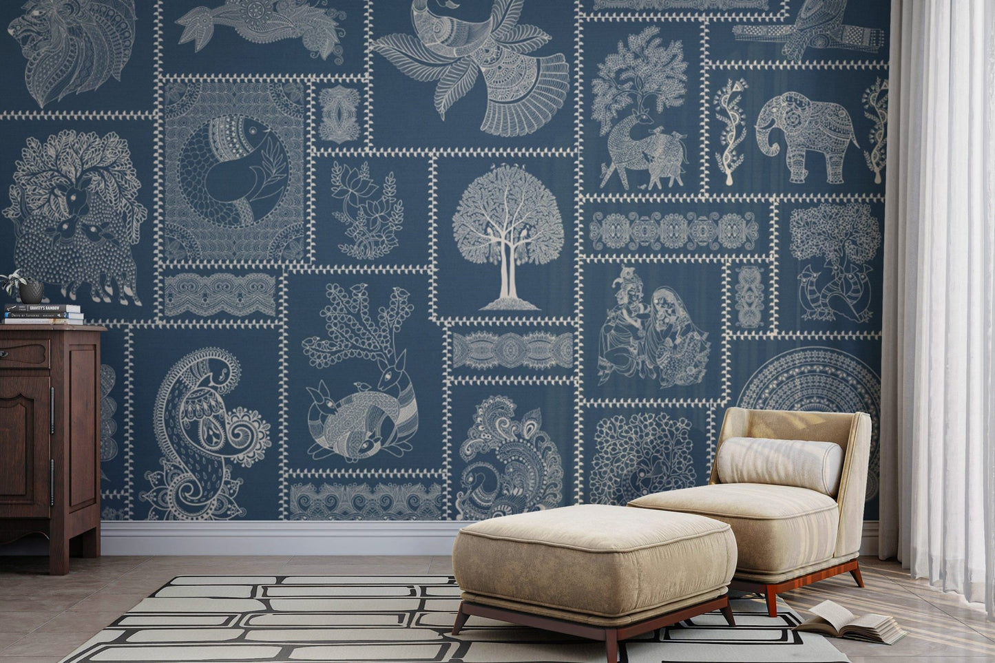 Warli mural with indigo fusion style

