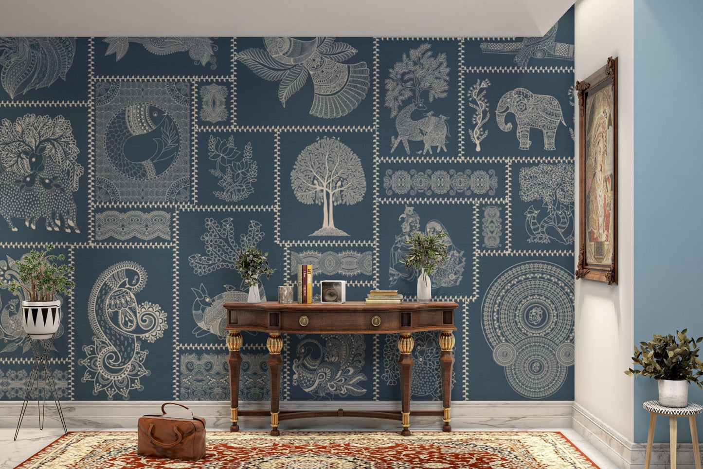 Hand-drawn tribal figures on indigo

