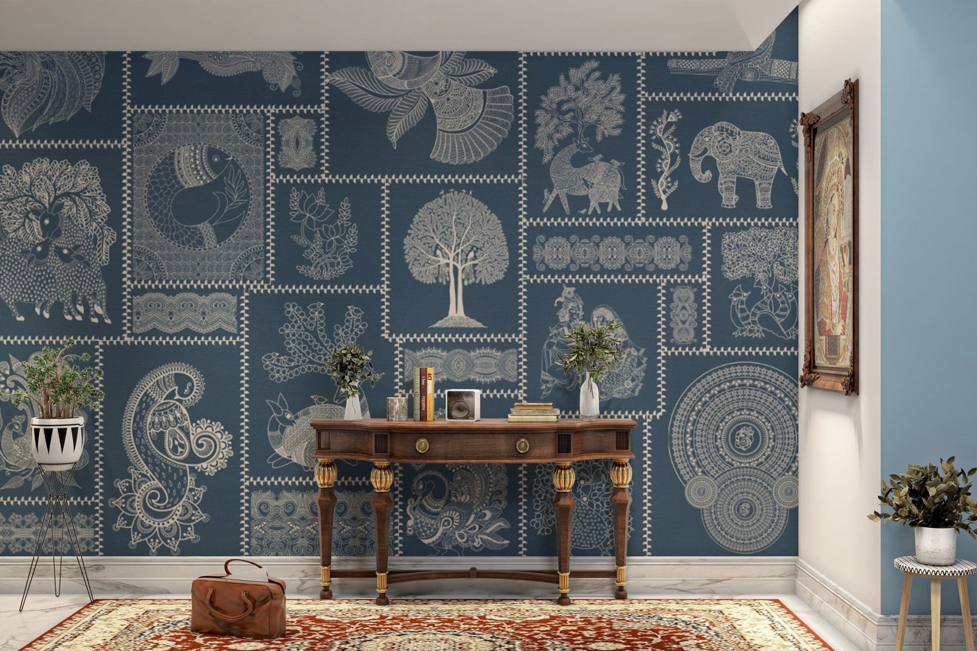 Hand-drawn tribal figures on indigo

