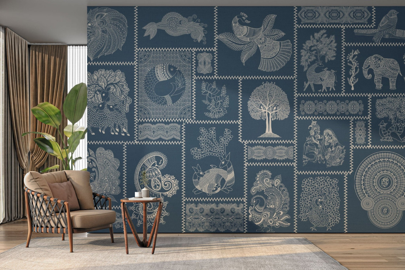 Indigo wallpaper with ethnic motifs

