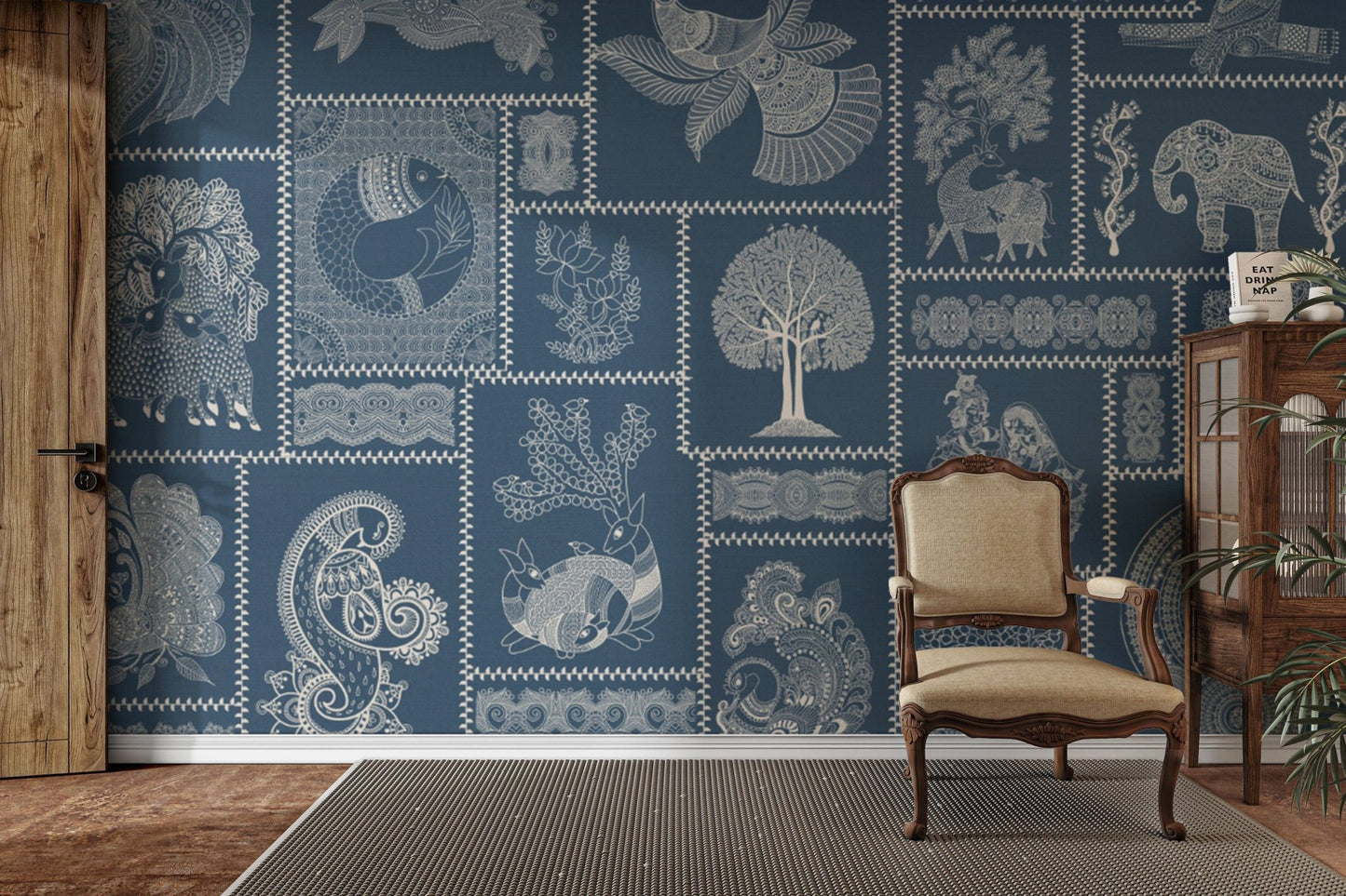 Ethnic symbols on dark blue texture

