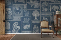 Ethnic symbols on dark blue texture

