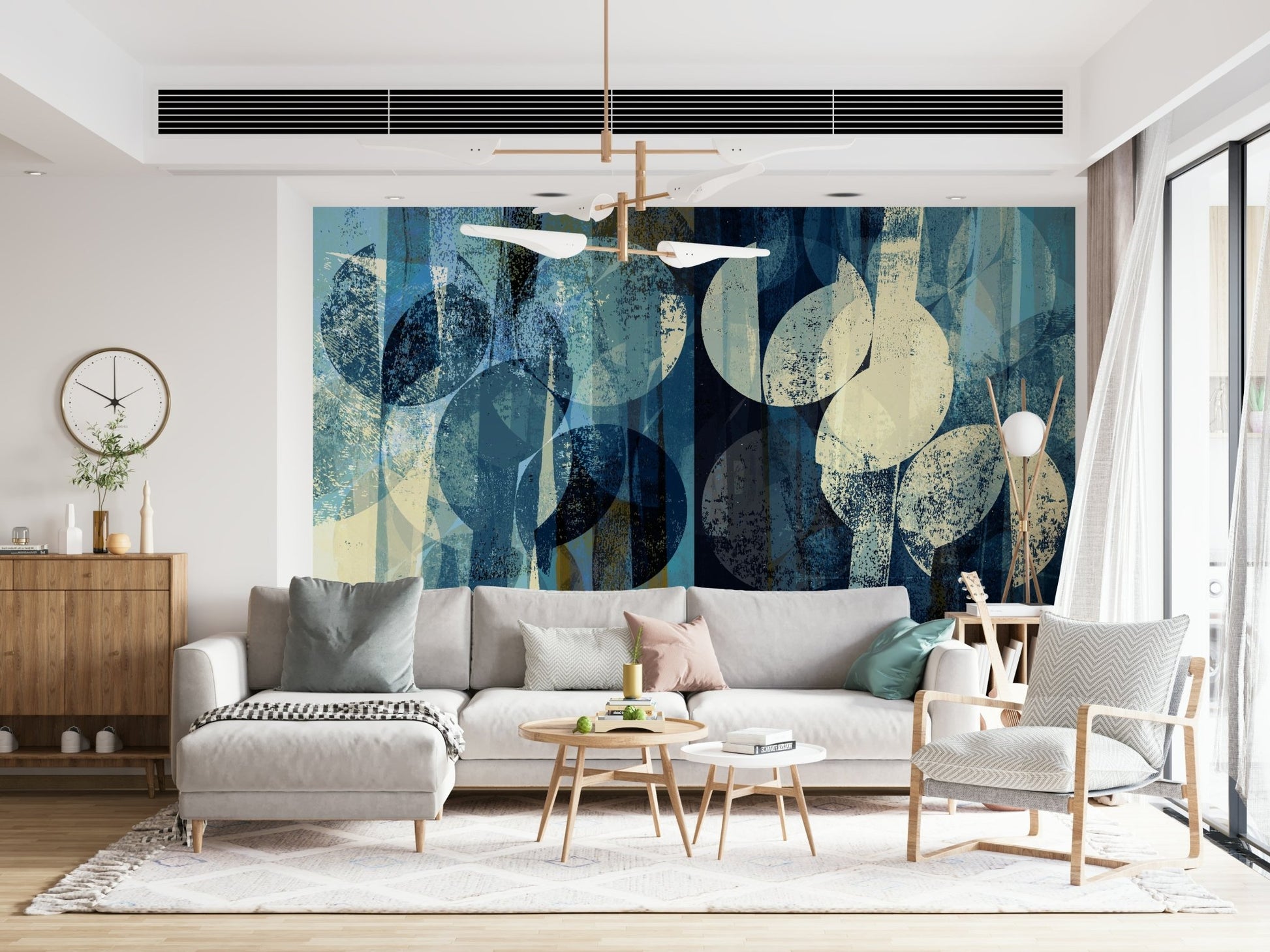 A calming modern design wallpaper mural that defines a space.
