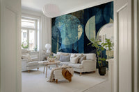 A graceful subtle circle wall mural in cool, indigo tones.