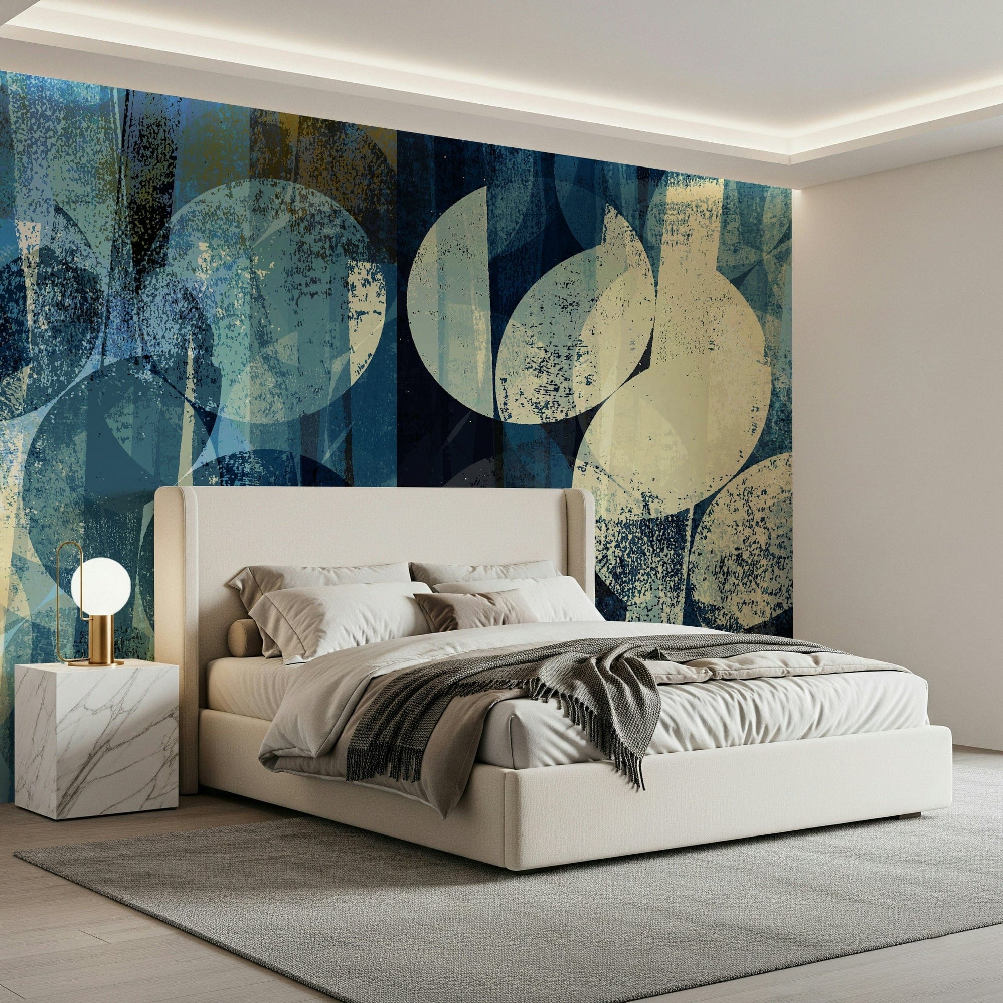 A beautiful indigo orbit wallpaper mural with circular patterns., GD5341