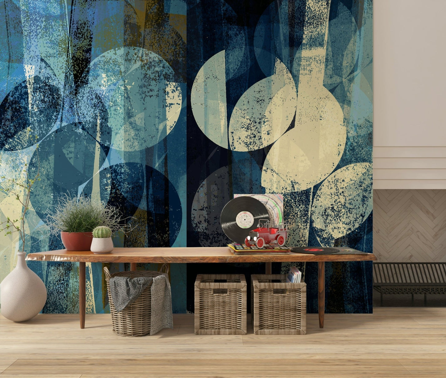 A beautiful modern art wall mural for a living room.