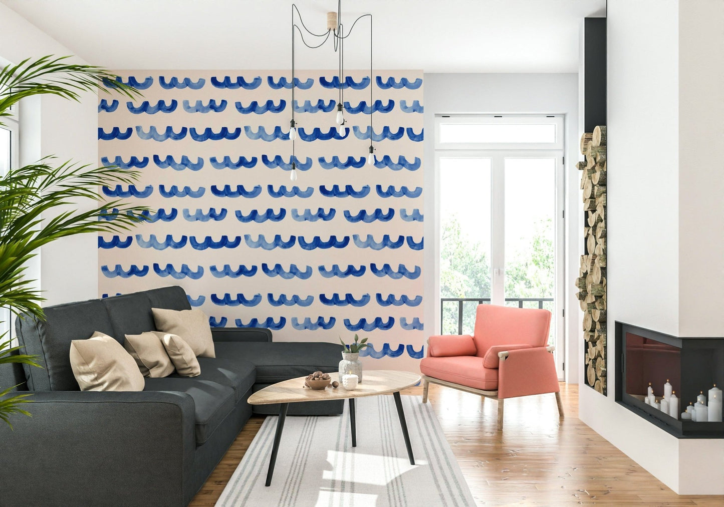 Beach house Indigo Watercolor Waves Wallpaper for room.
