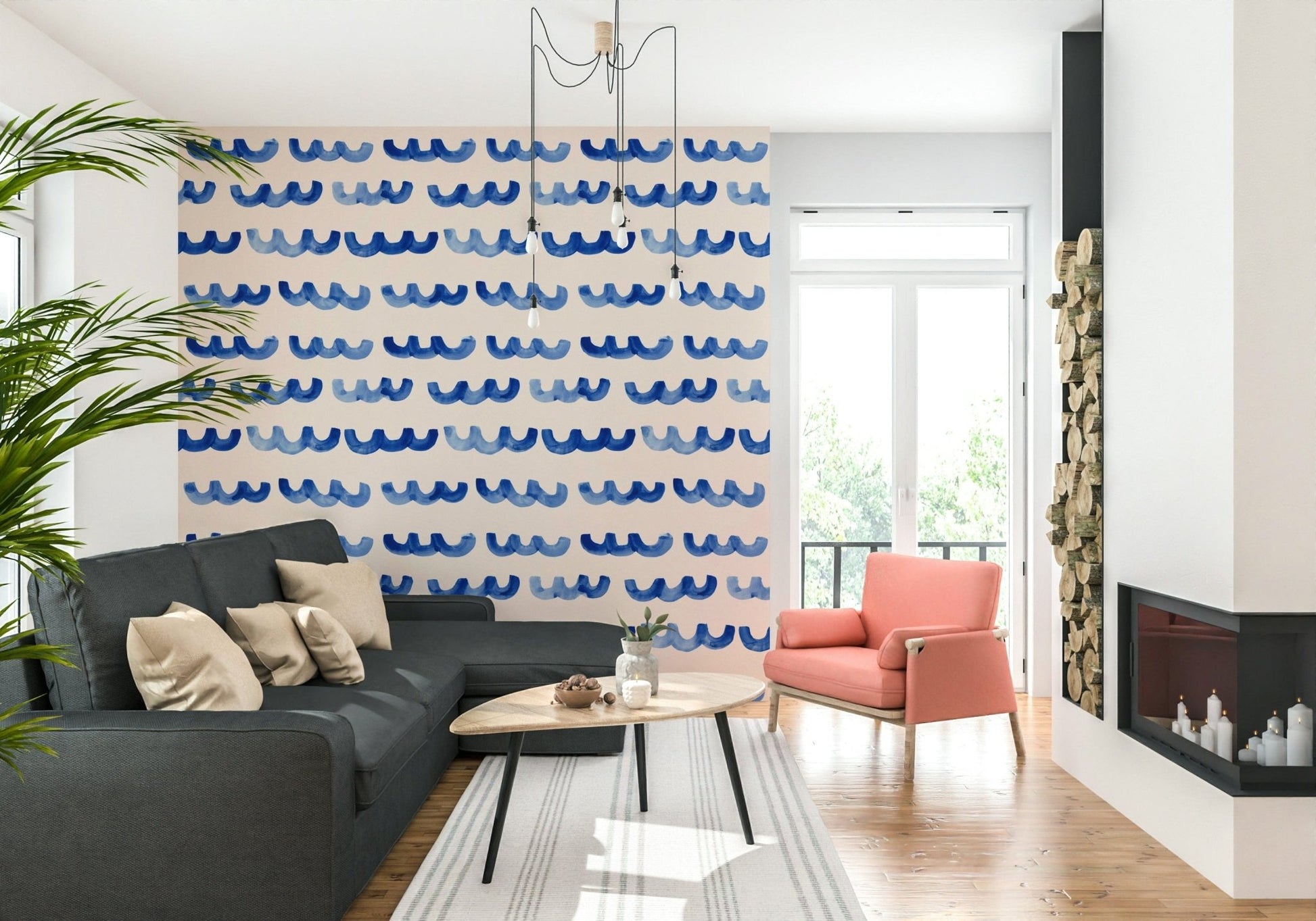 Beach house Indigo Watercolor Waves Wallpaper for room.