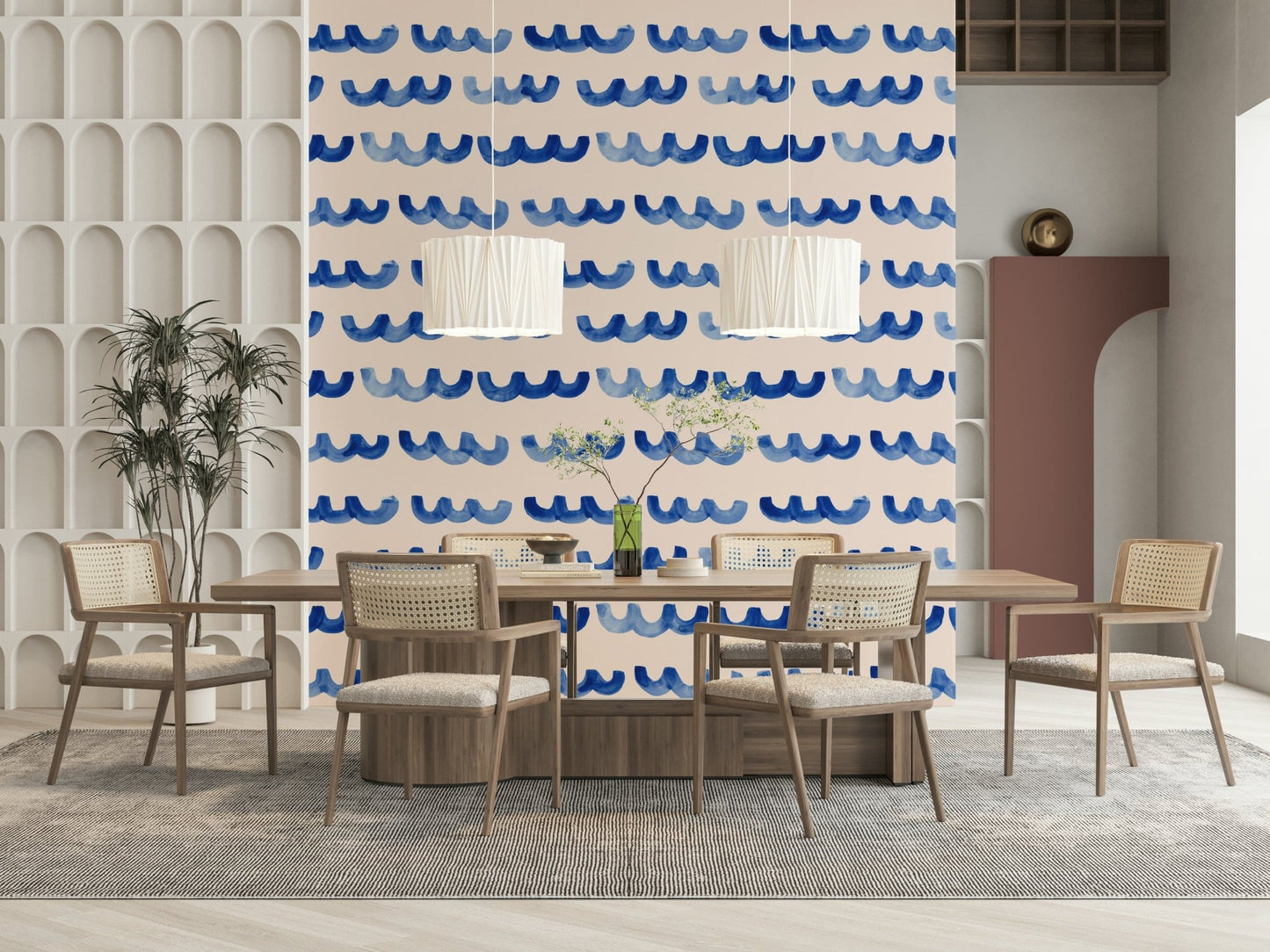 Coastal-style Indigo Watercolor Waves Wallpaper wall mural.