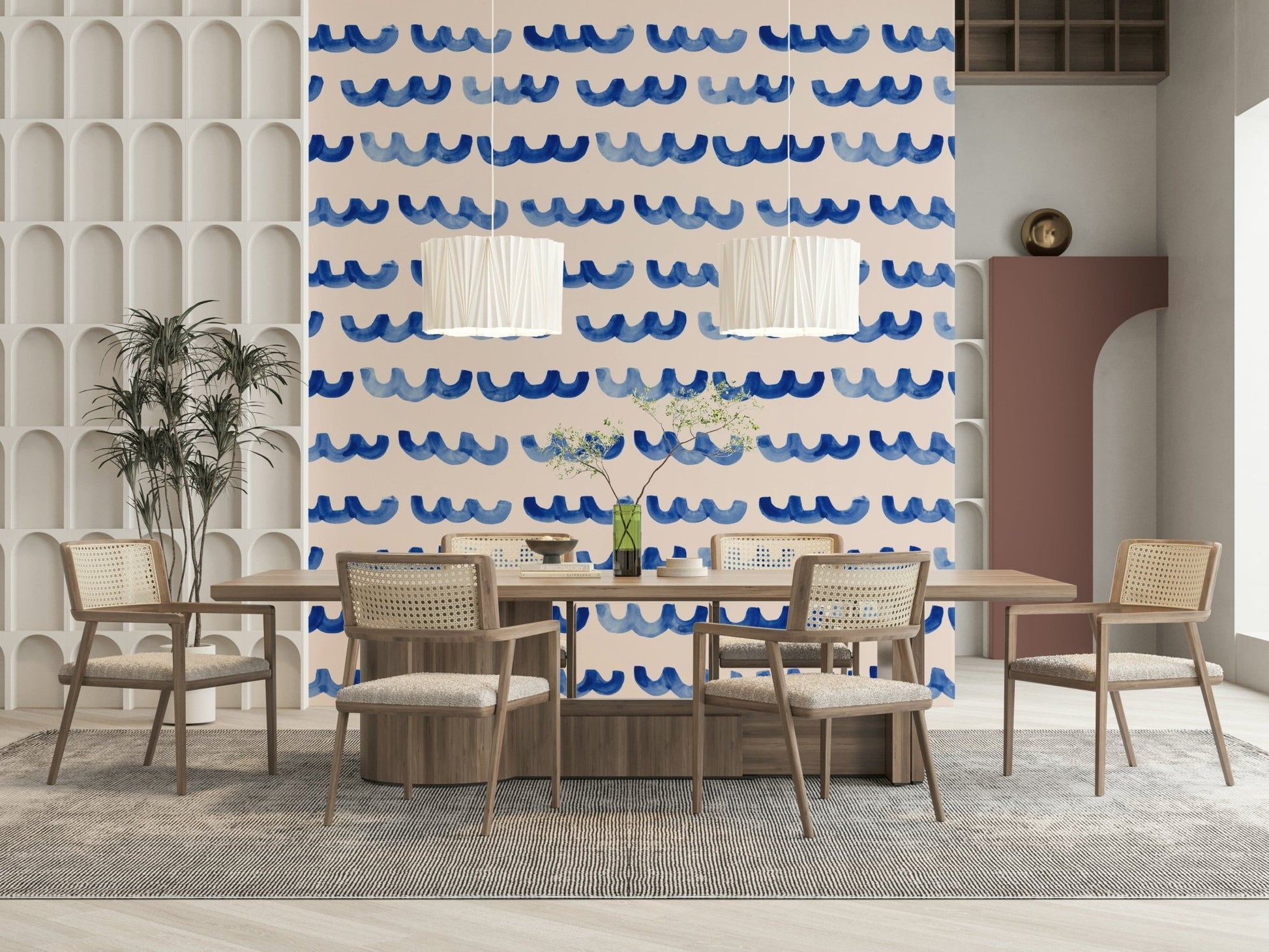 Coastal-style Indigo Watercolor Waves Wallpaper wall mural.