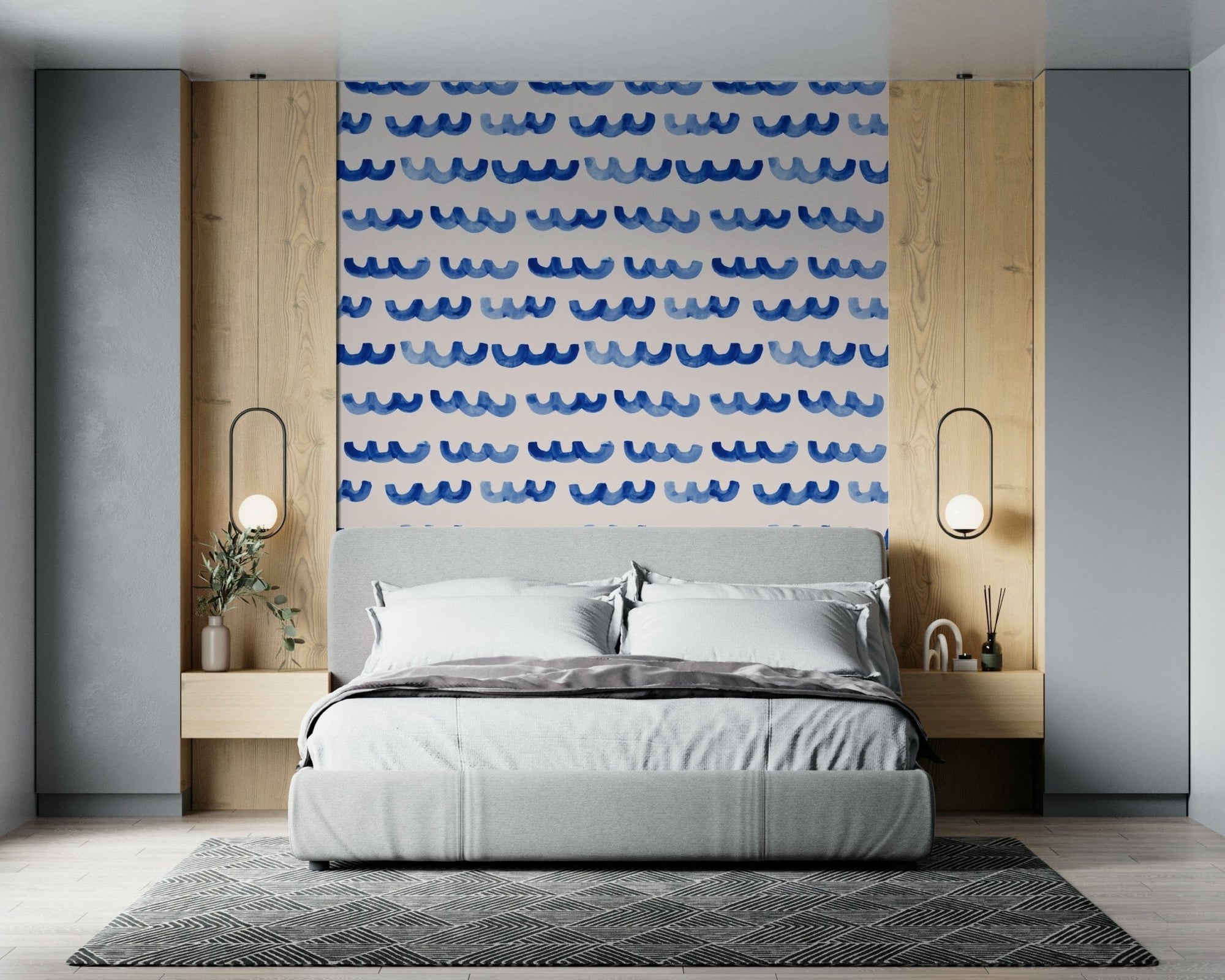 Indigo Watercolor Waves Wallpaper Abstract blue curves., GD6520