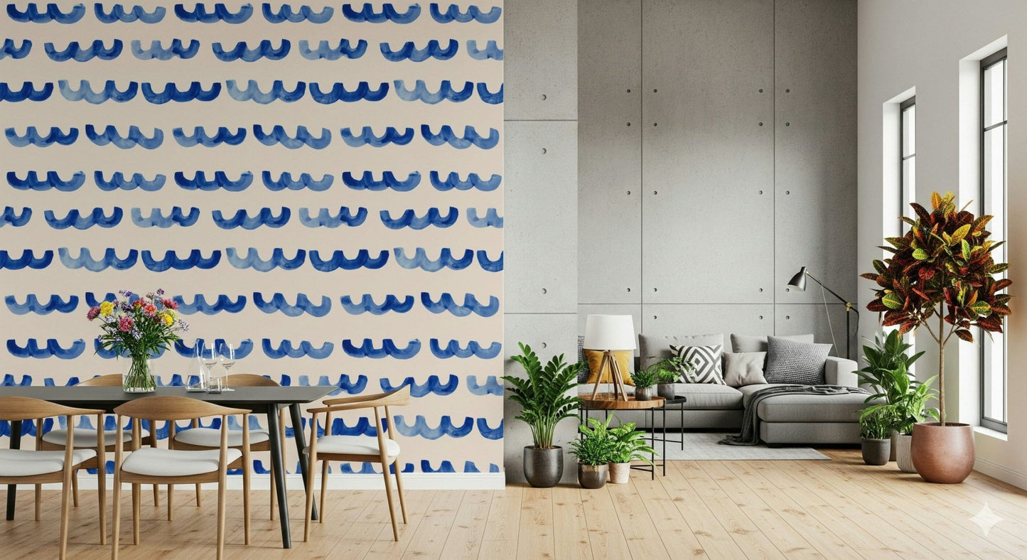 Indigo Watercolor Waves Wallpaper Scalloped wall design.