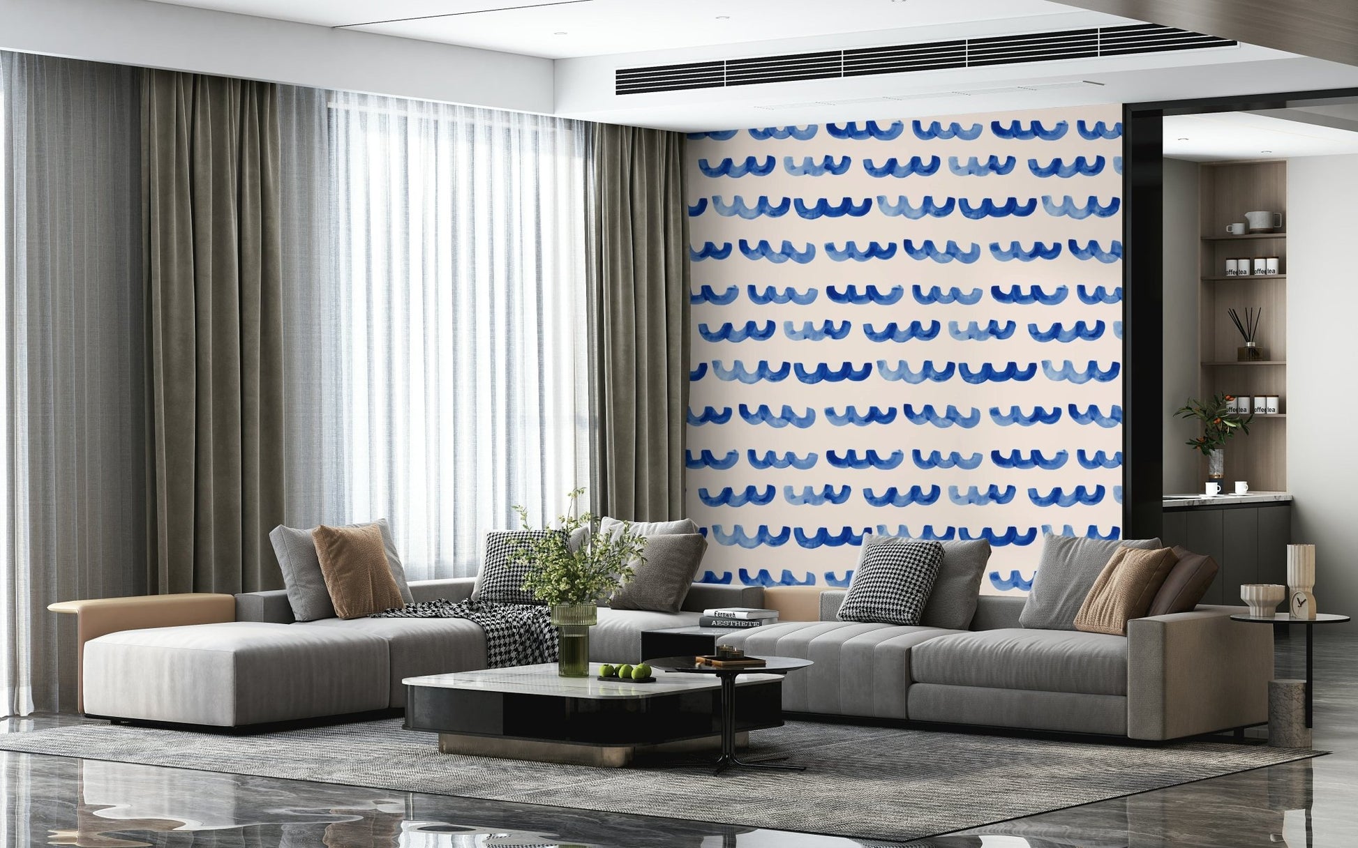 Nautical blue Indigo Watercolor Waves Wallpaper print.