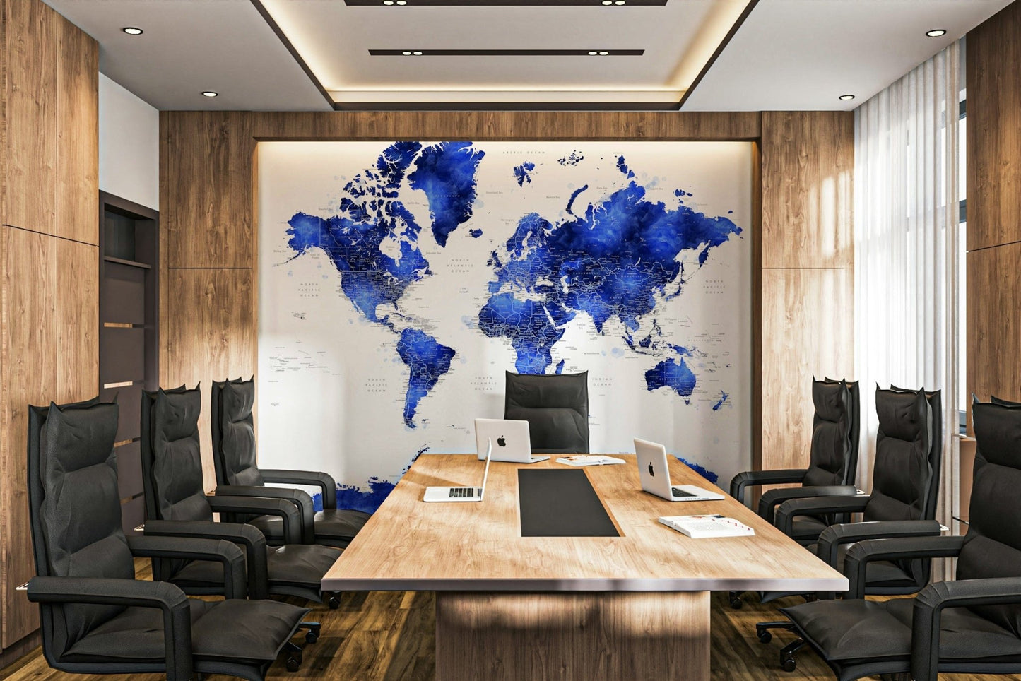 Indigo watercolor world map wall decor

