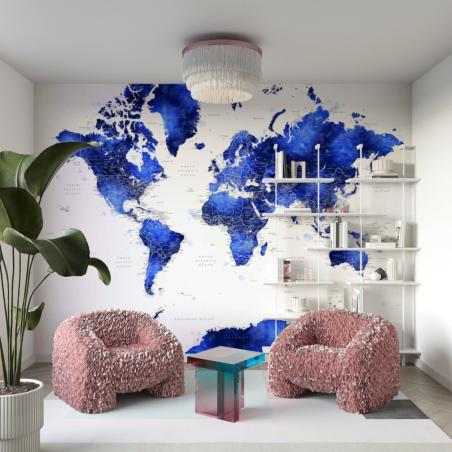 Indigo watercolor world map wall art

