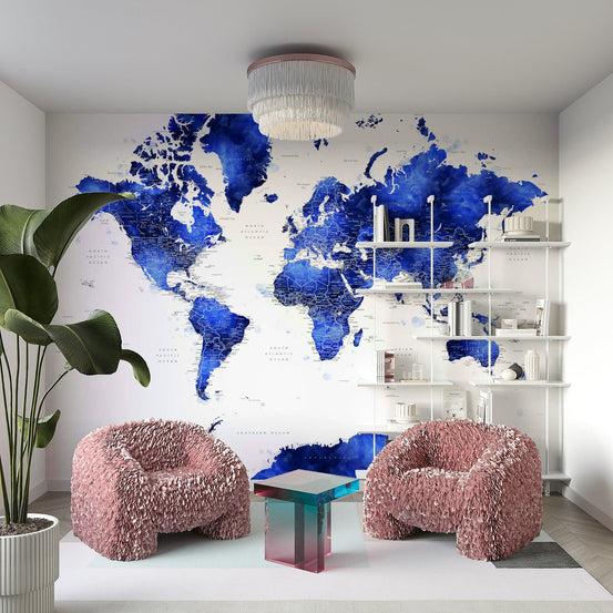 Indigo watercolor world map wall art GD200

