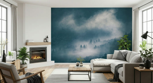 Indigo Woodland Sentinel wallpaper misty forest tranquil design.