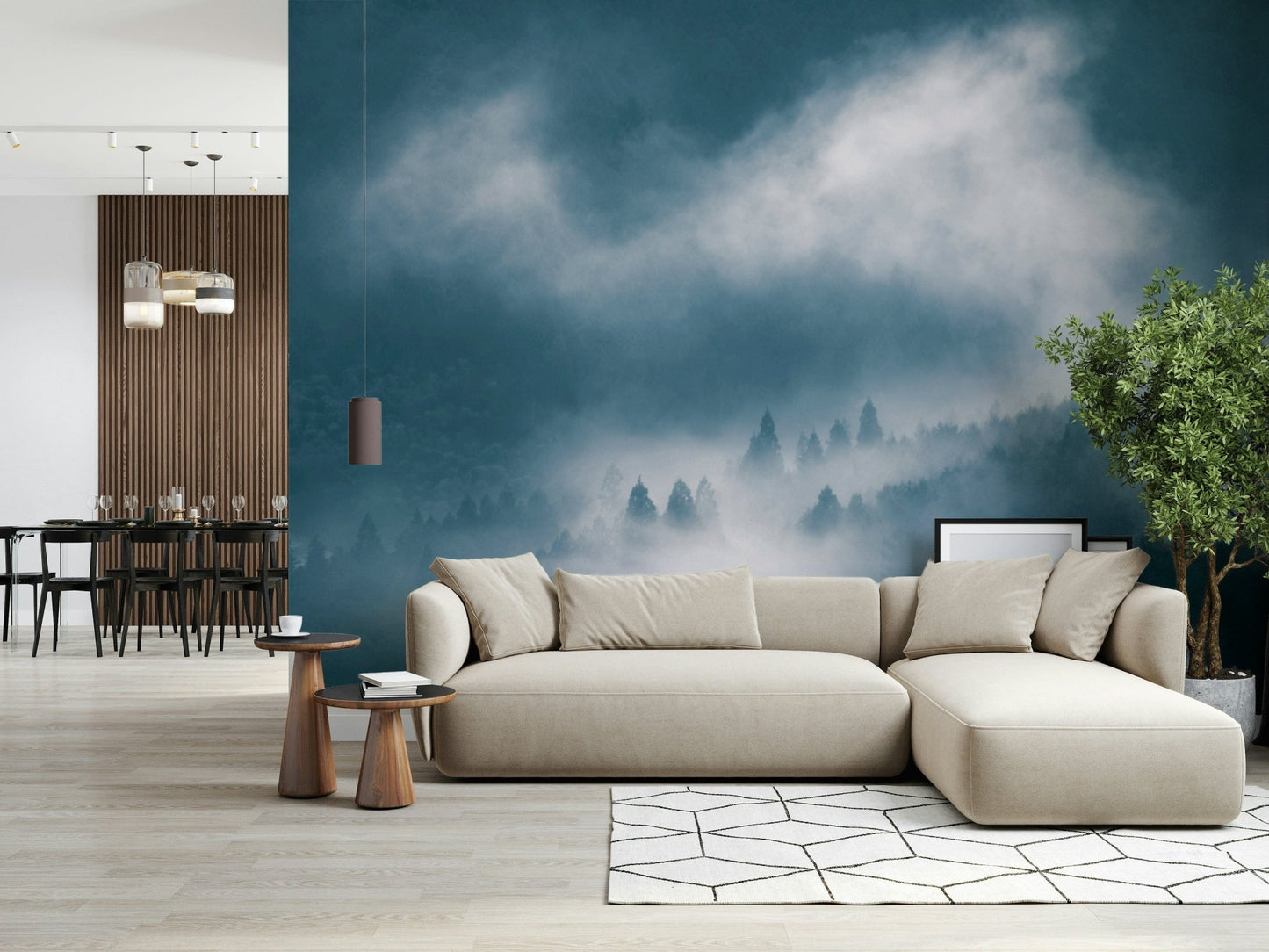 Indigo Woodland Sentinel wallpaper dense canopy cloudy atmosphere.