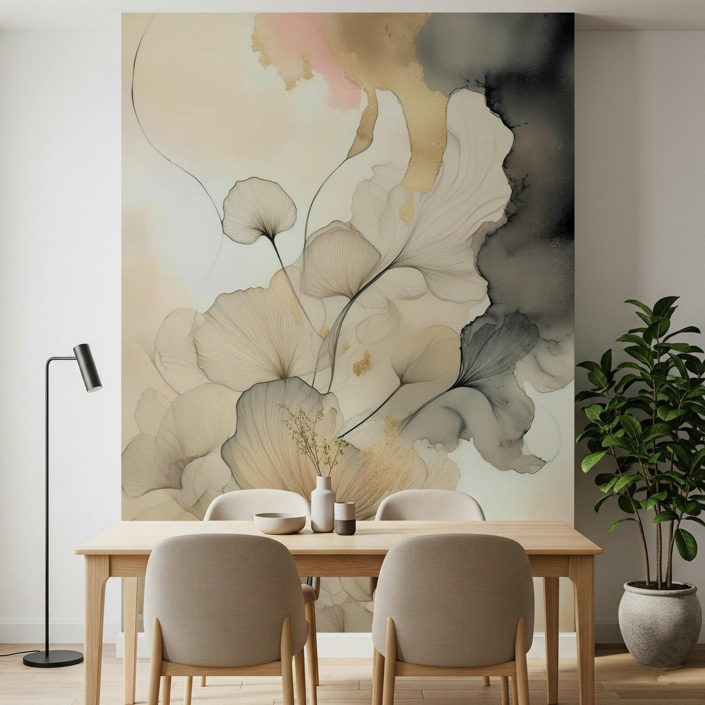 Corner display of Ink Bloom Elegance peel and stick wallpaper