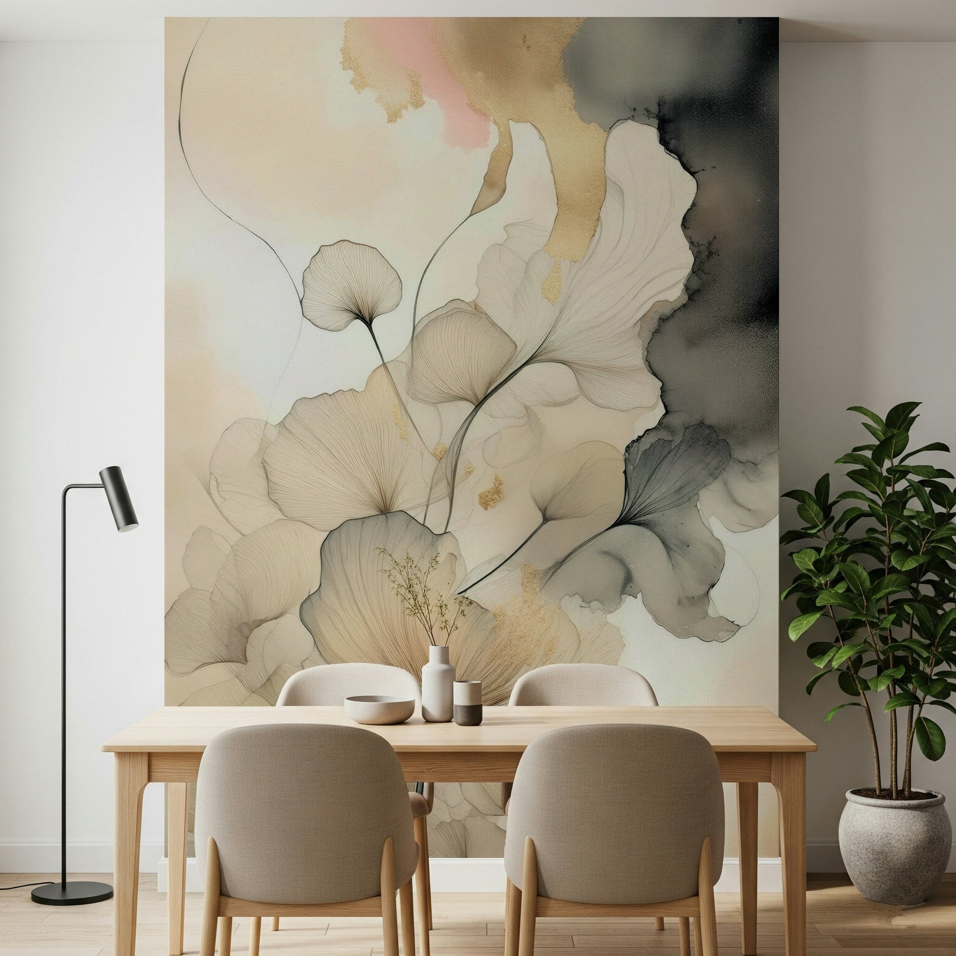 Corner display of Ink Bloom Elegance peel and stick wallpaper