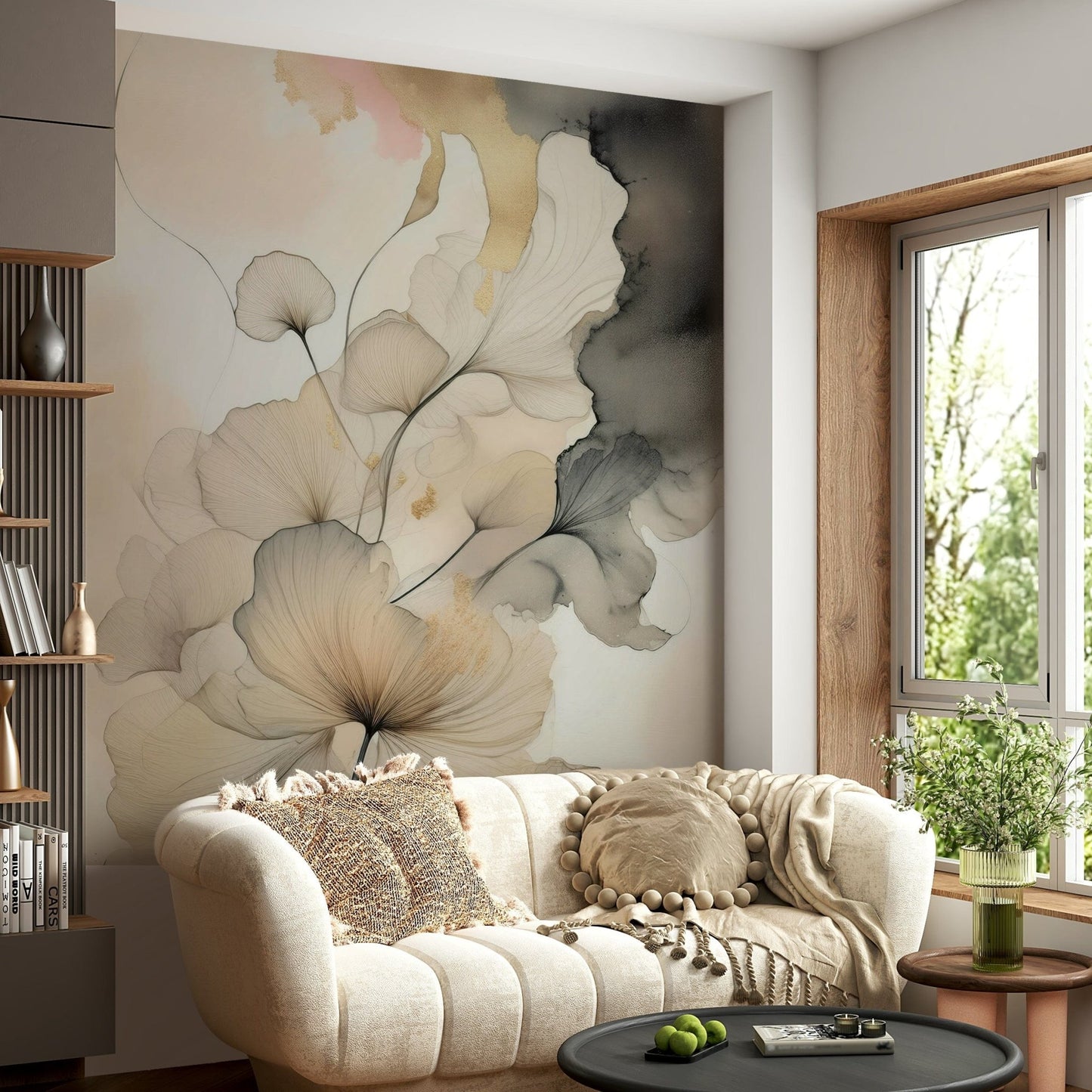 Ink Bloom Elegance Wall Mural in a sophisticated dining area.