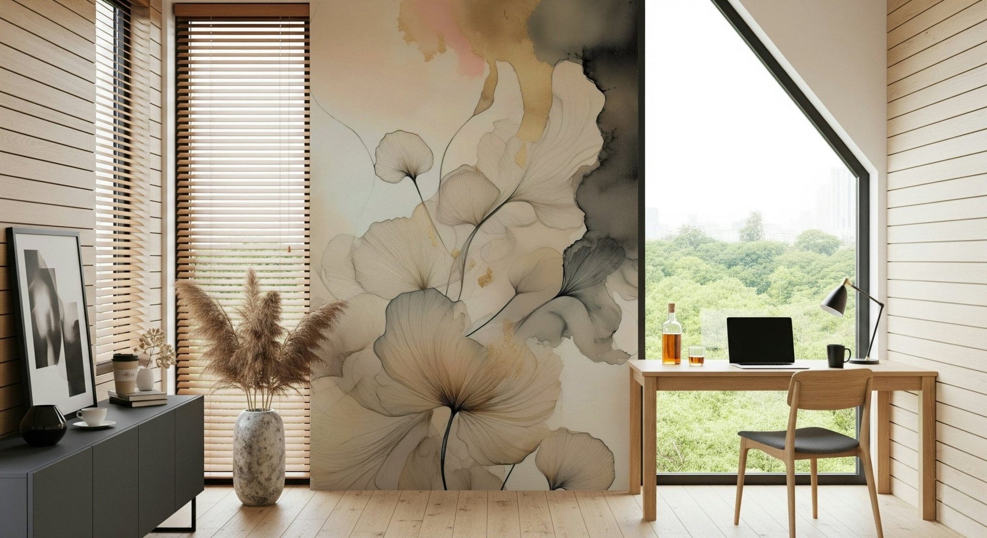 Wide room perspective featuring the calming Ink Bloom Elegance Wall Mural.