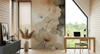 Wide room perspective featuring the calming Ink Bloom Elegance Wall Mural.