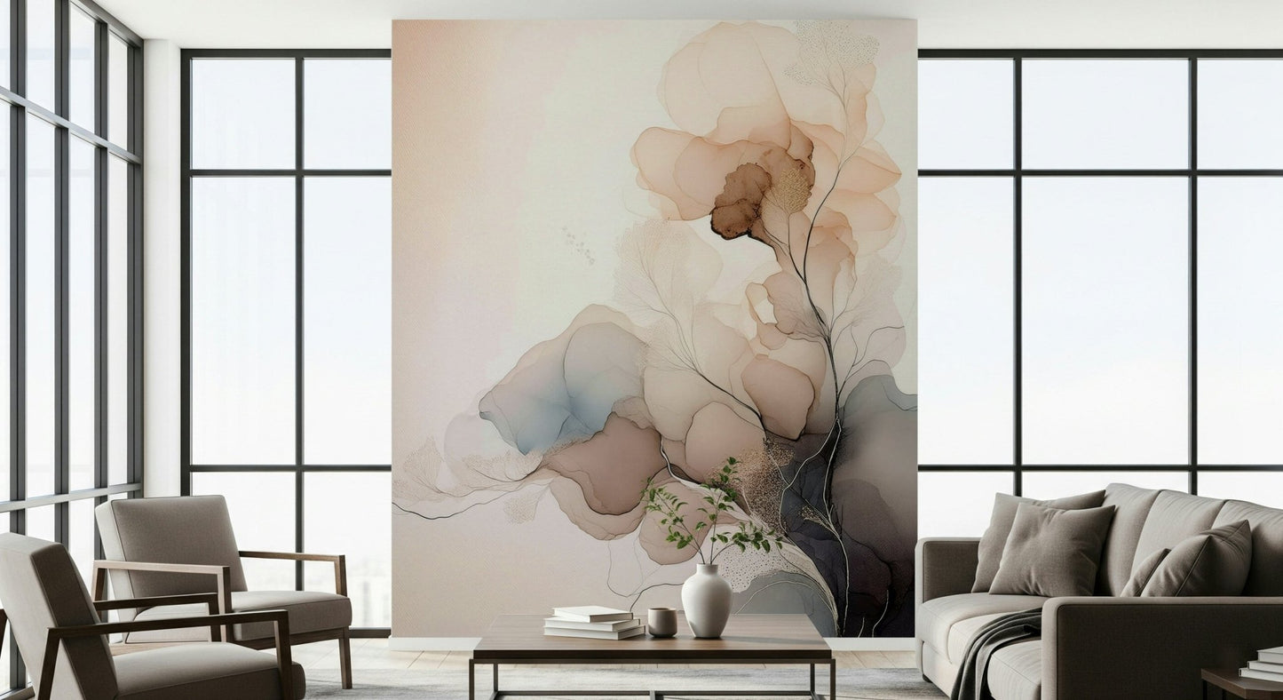 Artistic floral pattern Ink Bloom Wall Mural in natural light.