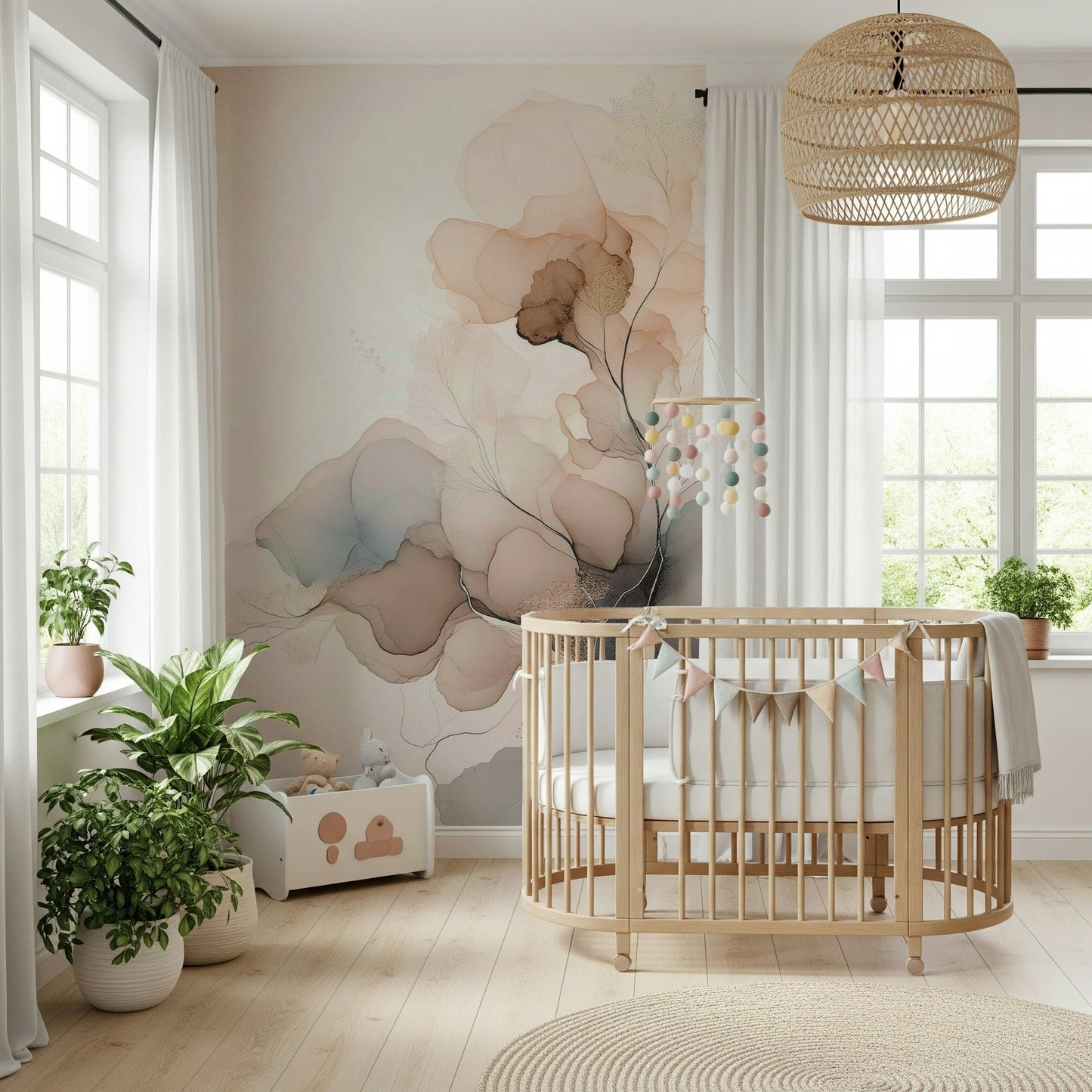 Modern hallway interior, large floral Ink Bloom Wall Mural.