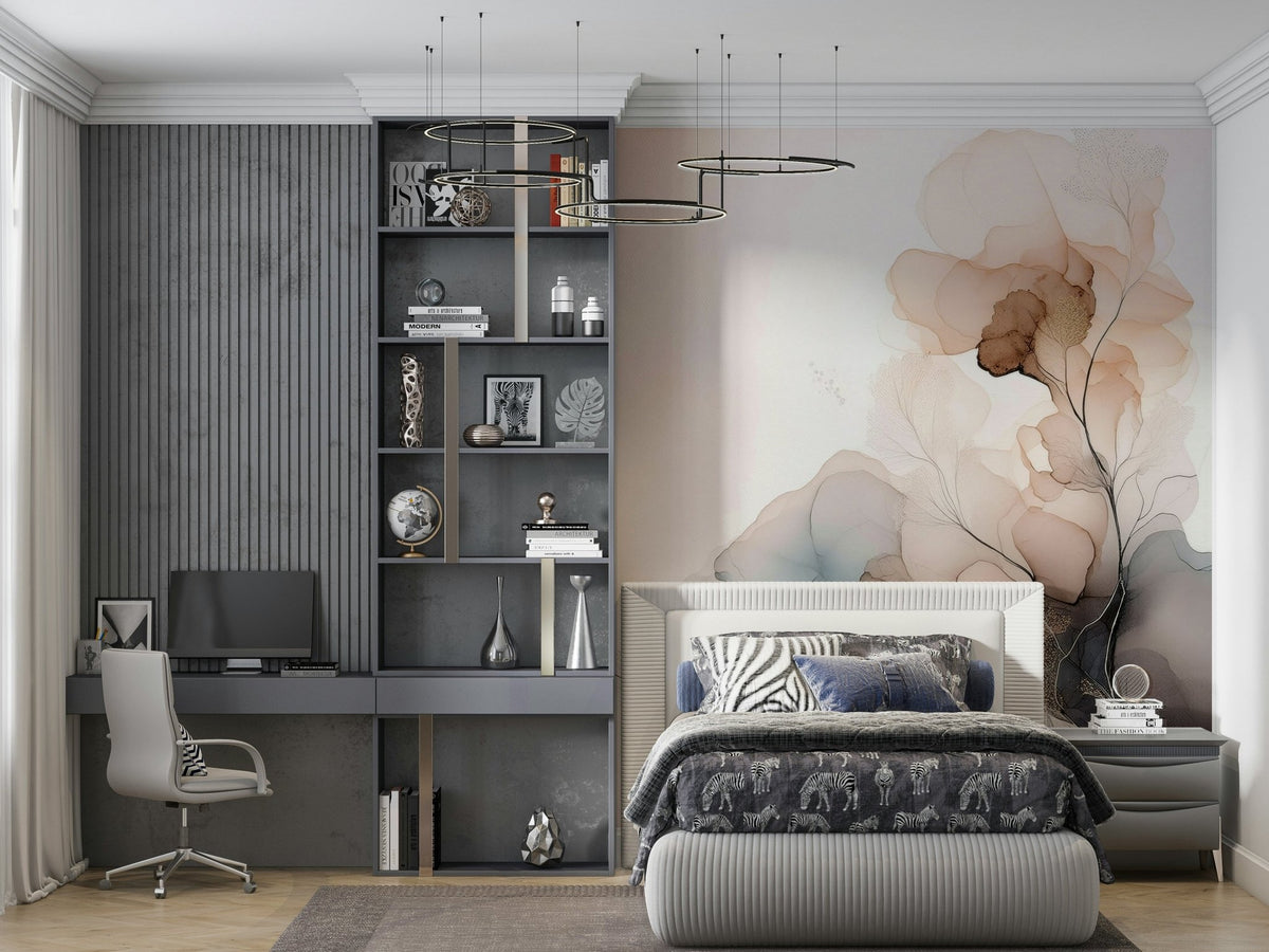 Ink Bloom Wall Mural in a stylish, contemporary master suite., GD6325