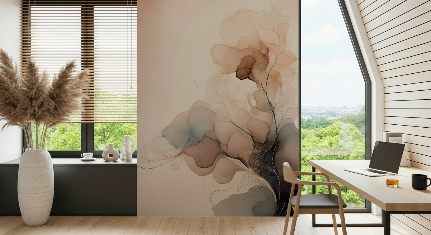 Ink Bloom Wall Mural complementing neutral furniture setting.