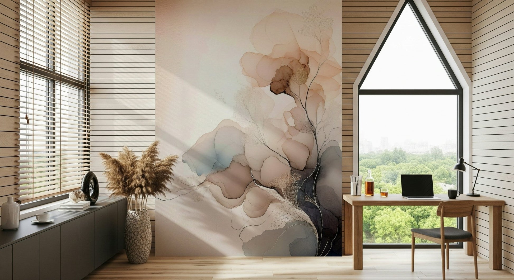 Stylish office space, Ink Bloom Wall Mural botanical design.