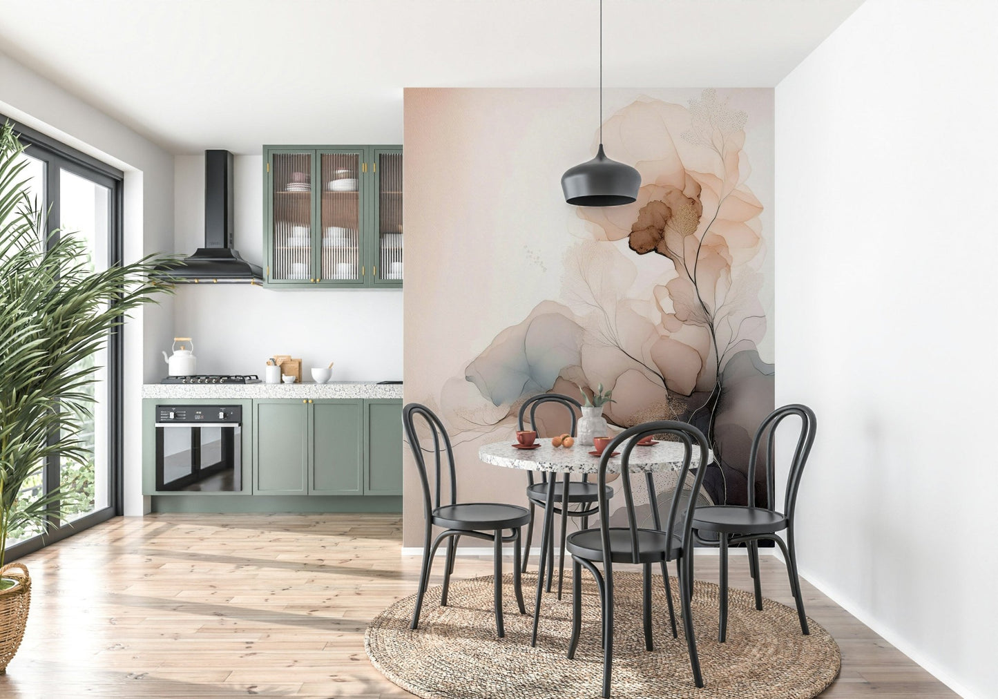 Bedroom feature wall with Ink Bloom Wall Mural pattern.