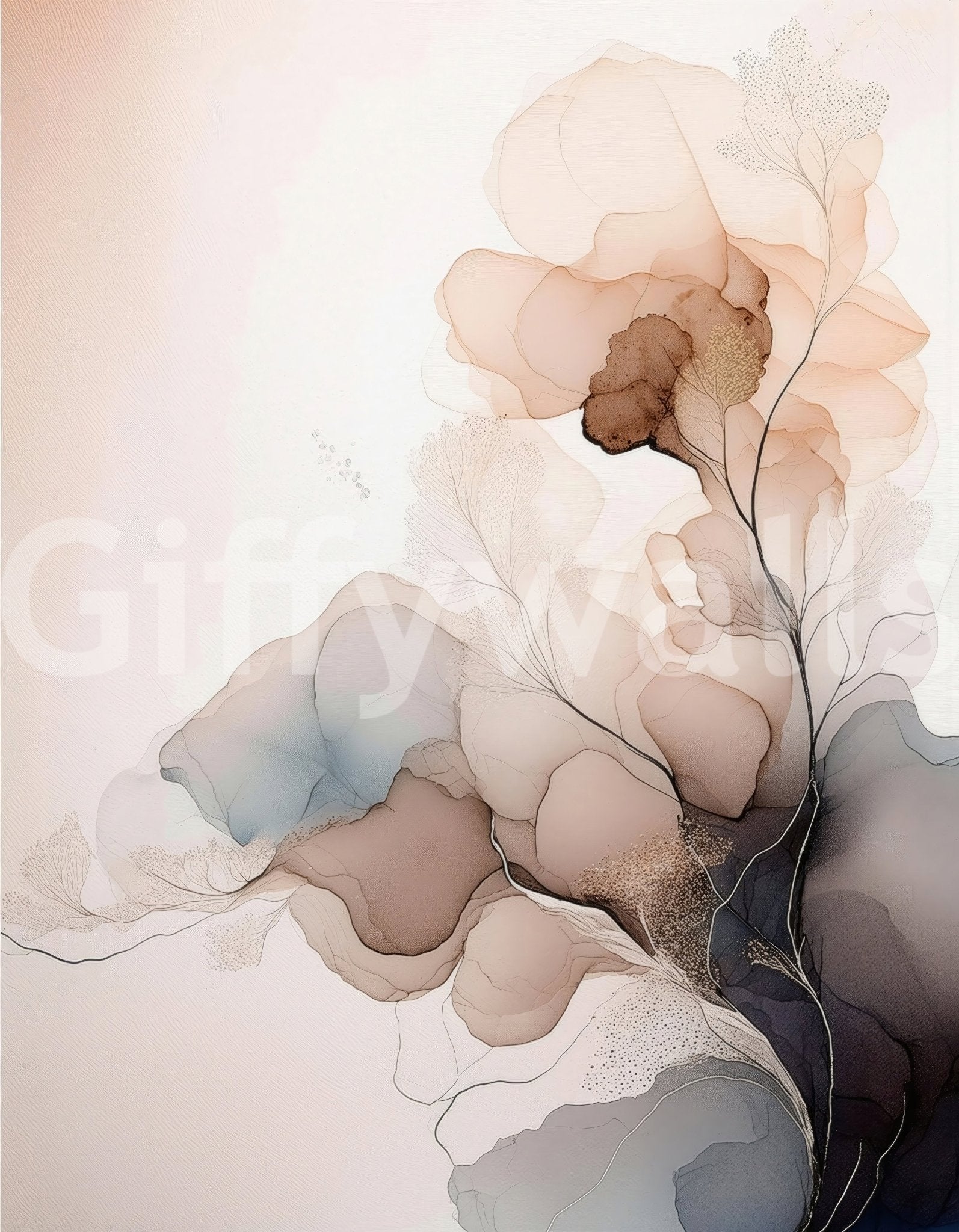 Aesthetic Ink Bloom Wall Mural application behind a sofa.