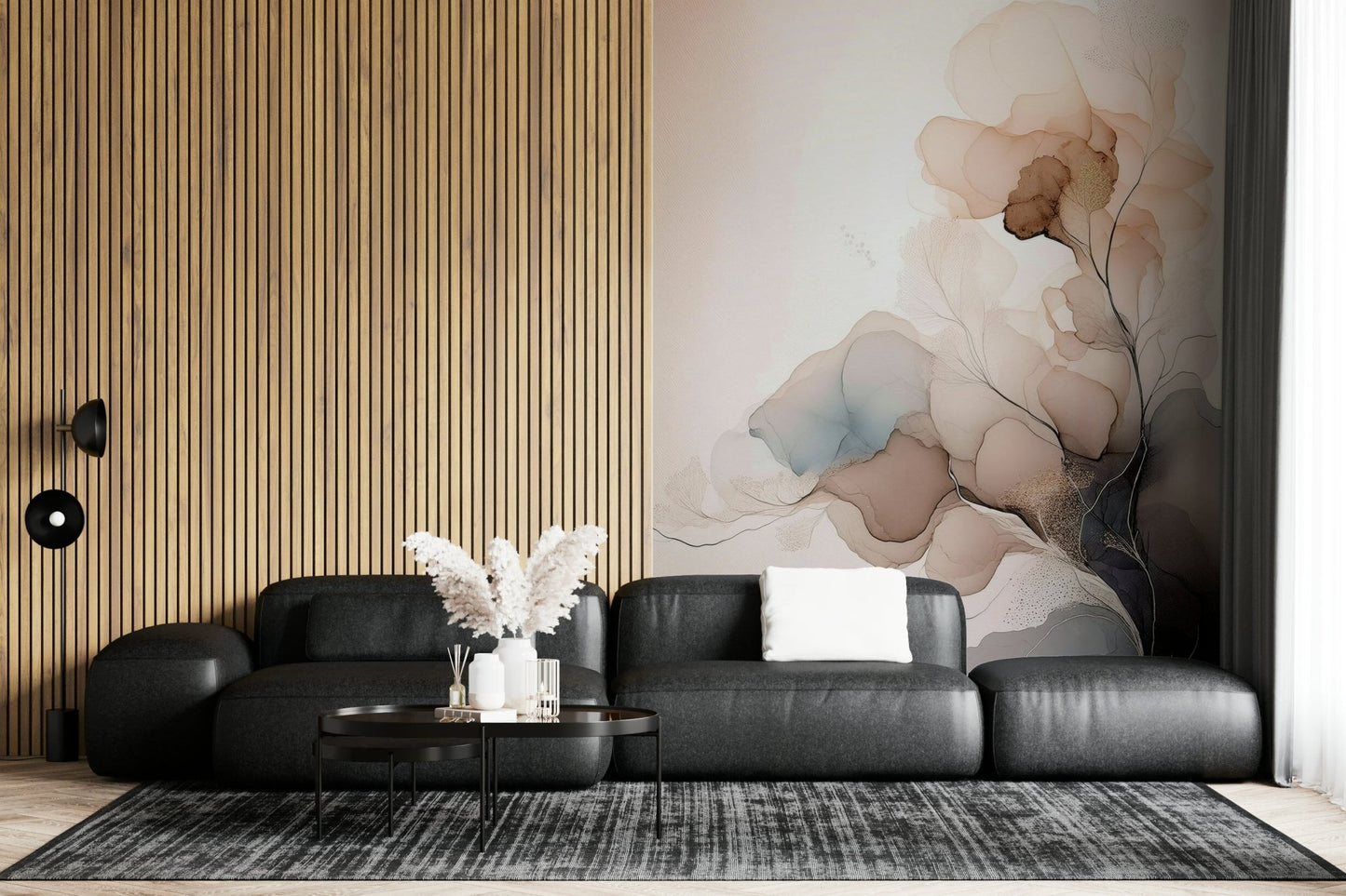Textured effect Ink Bloom Wall Mural design in a lounge.