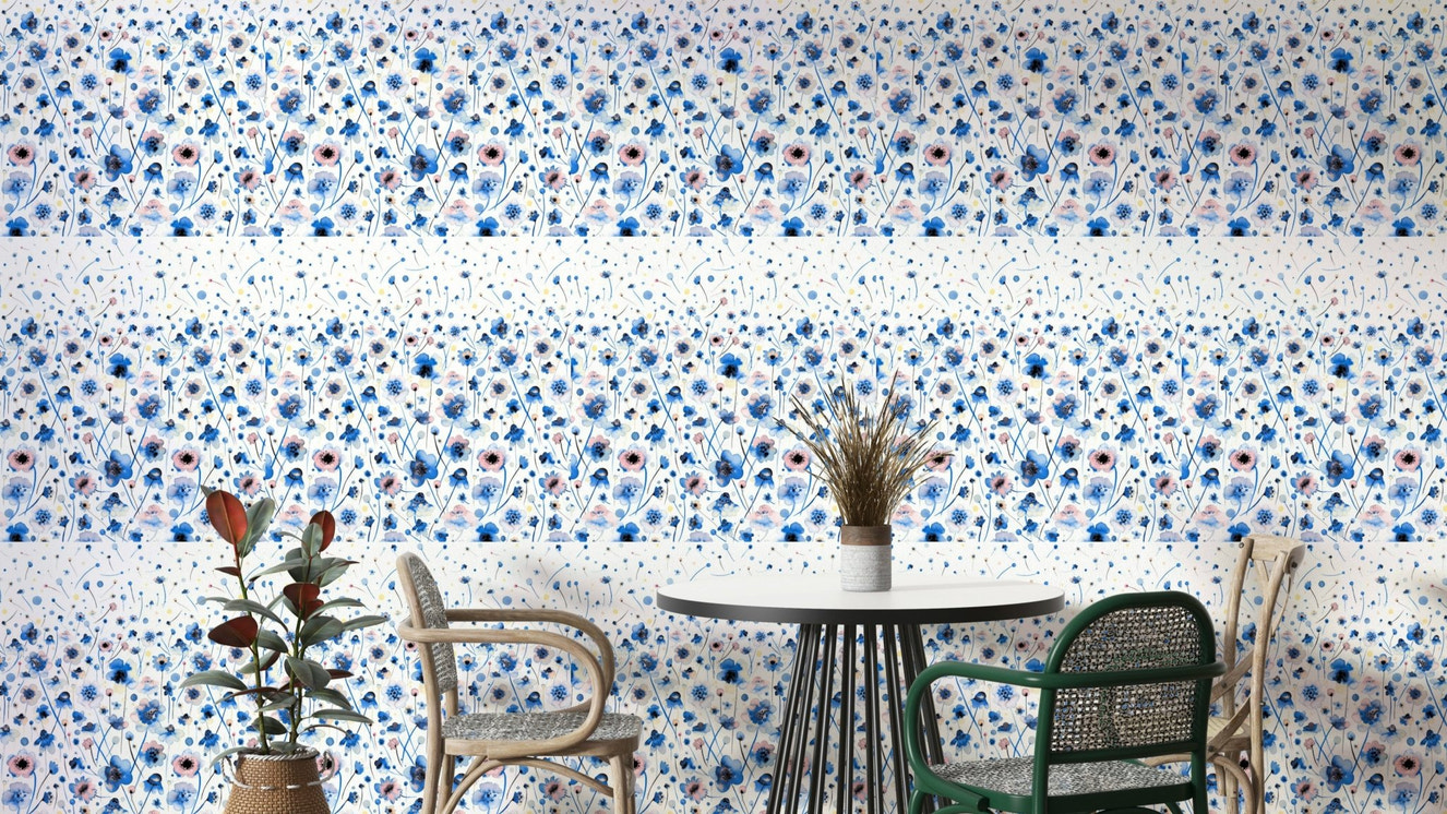 Blue ombre floral wall mural

