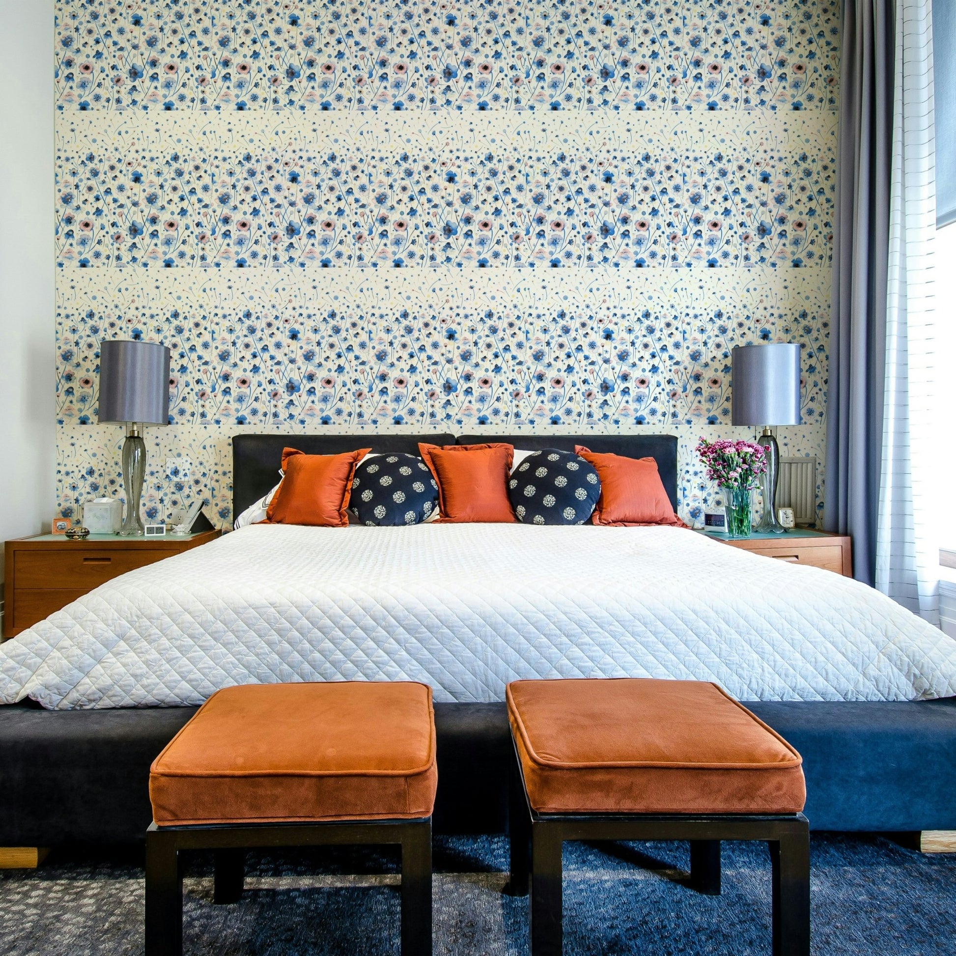 Ink-style blue blossom mural

