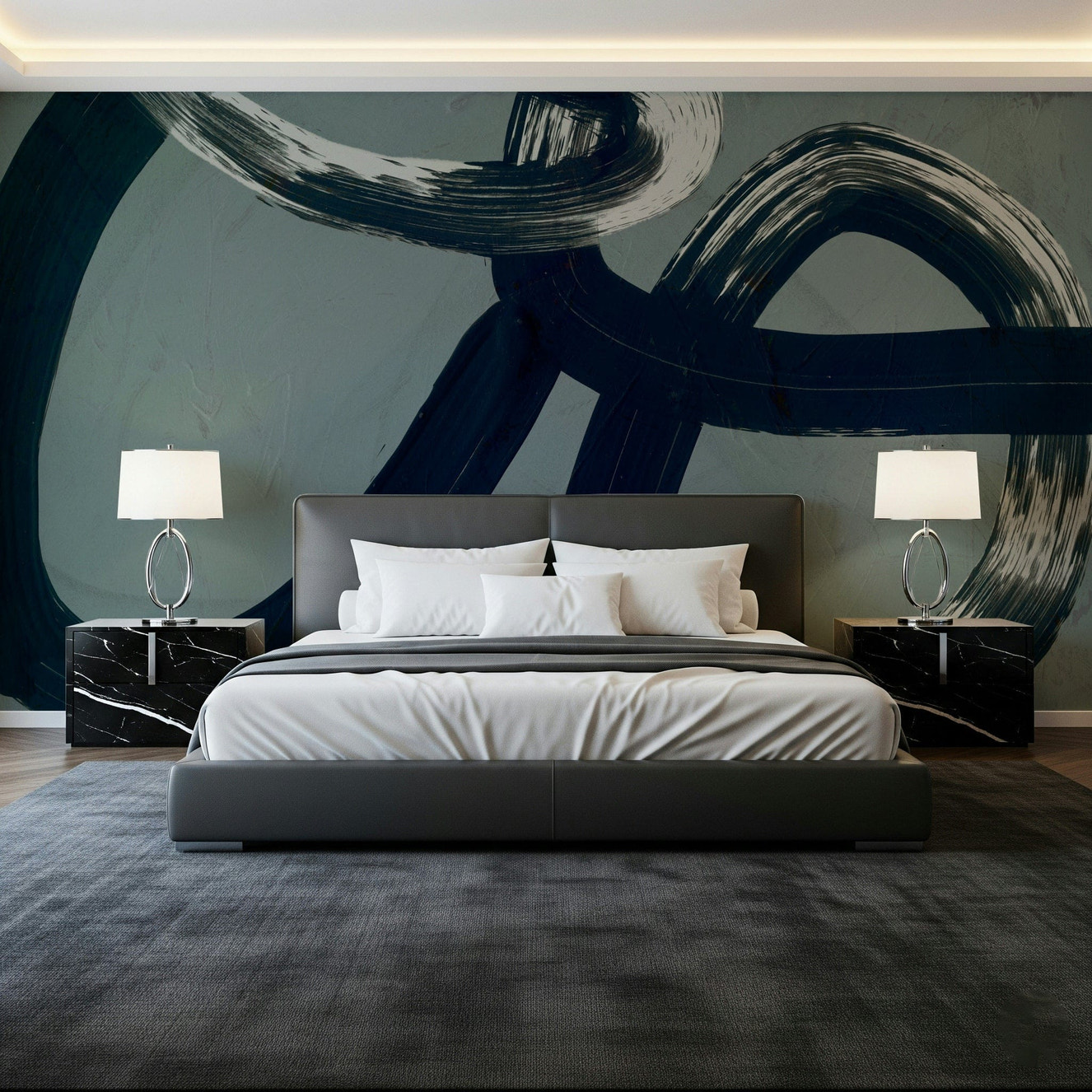 A beautiful abstract art wallpaper mural with flowing ink lines.