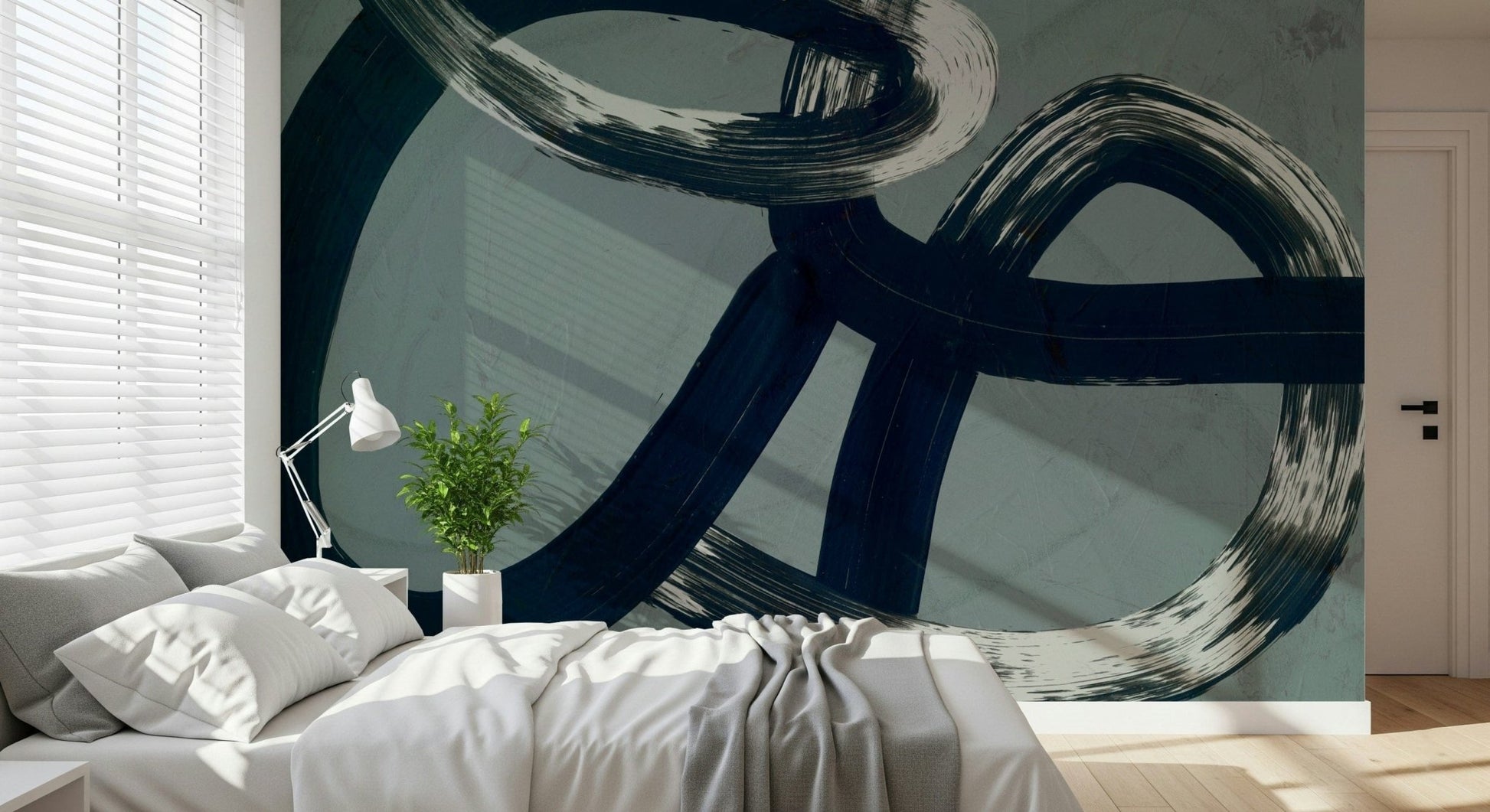 A contemplative fluid design wallpaper mural for a feature wall.