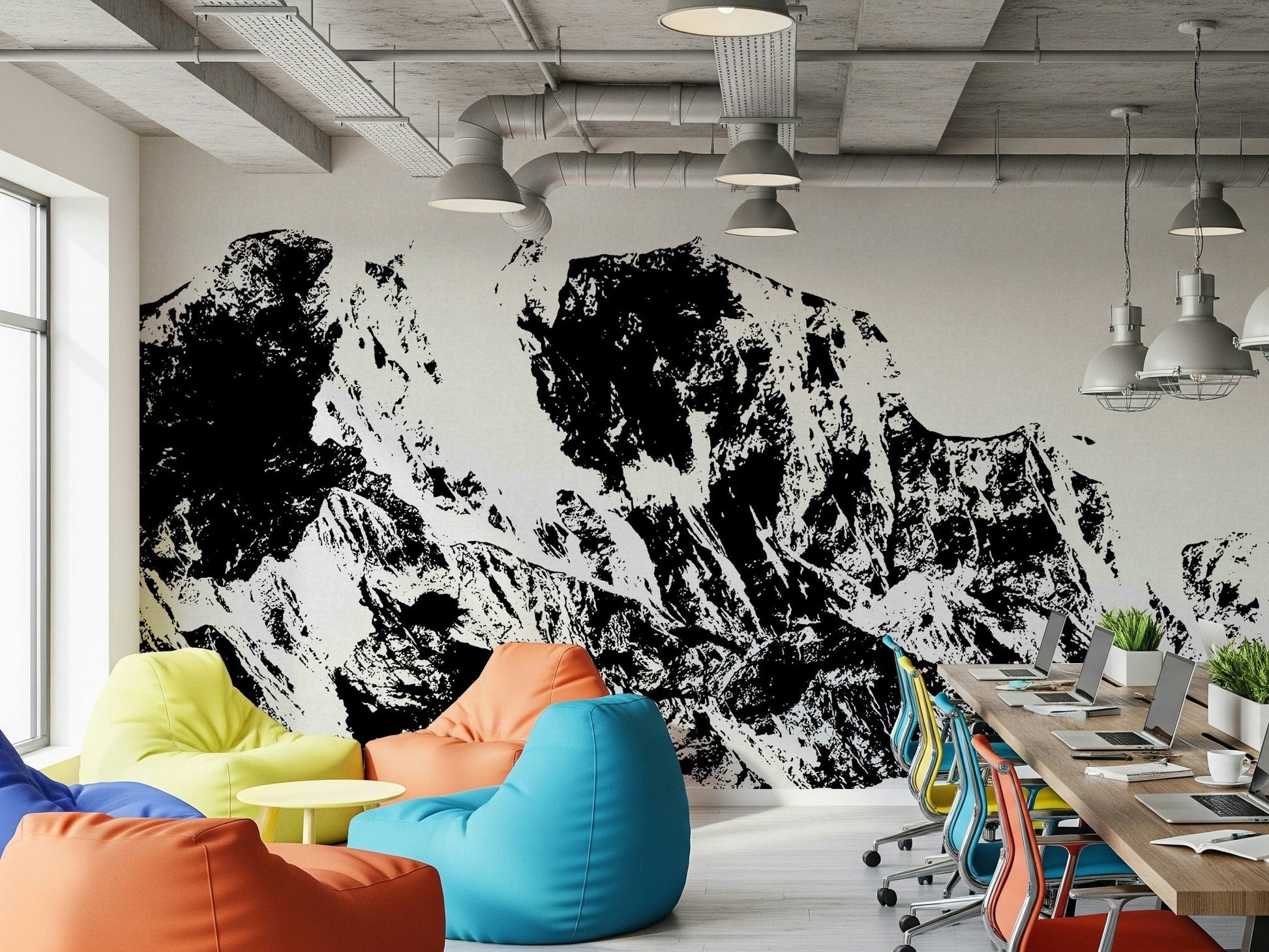 A peaceful modern abstract mural on decorative wallpaper.