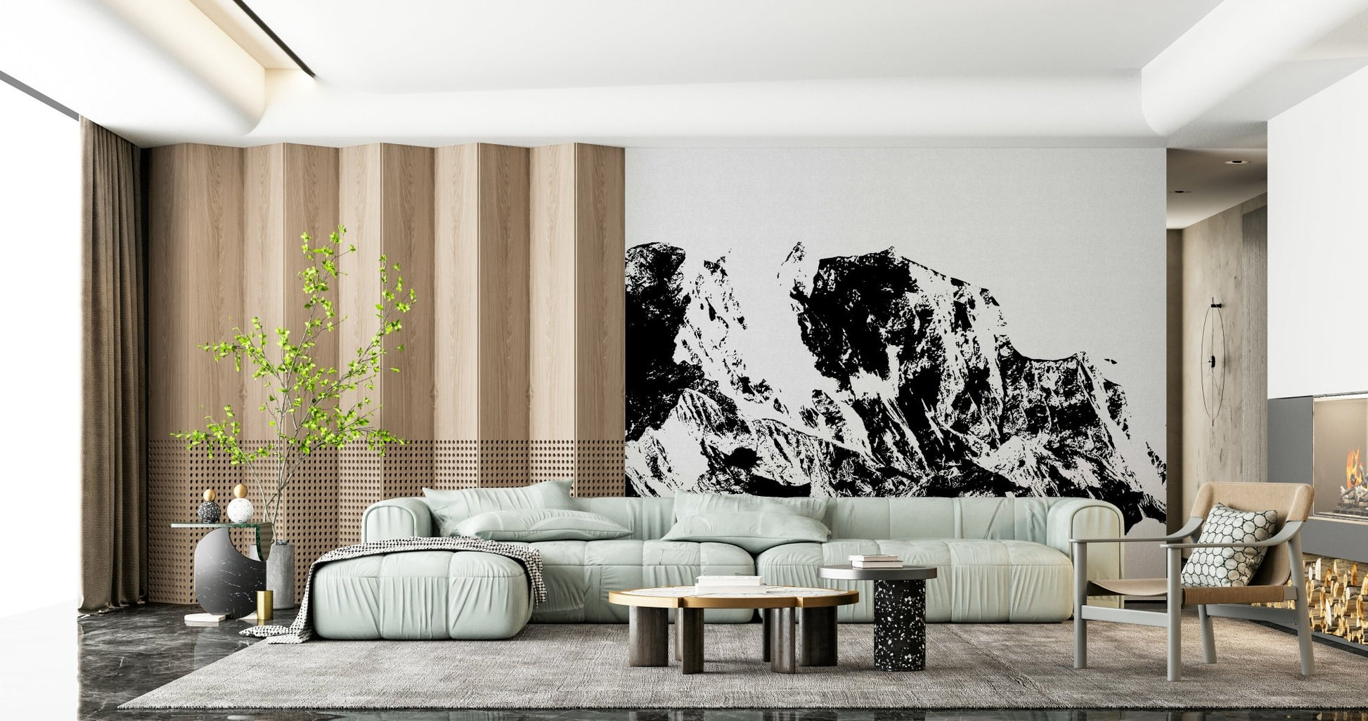 A beautiful abstract mountain wallpaper mural with an ink wash effect.